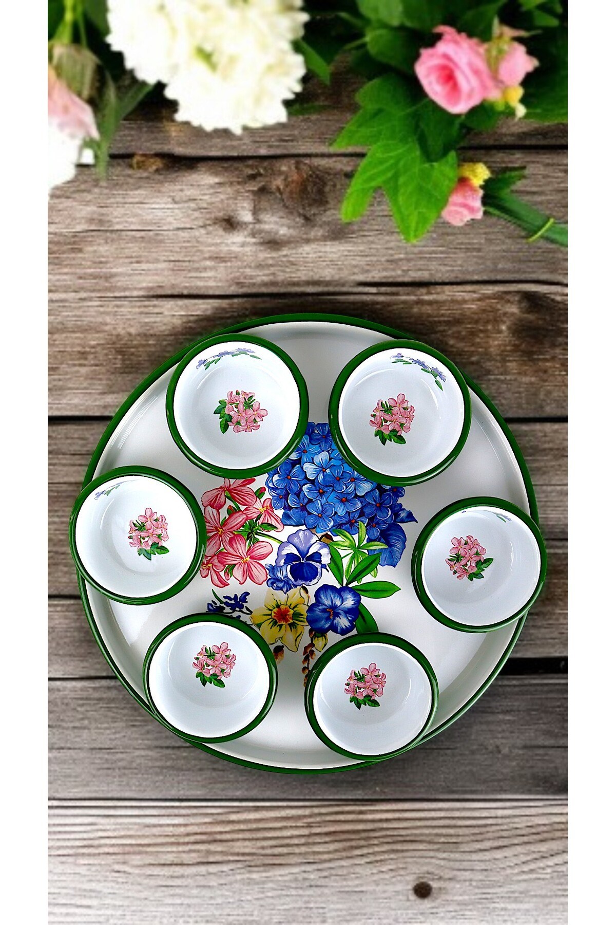 7 Parça Orta Boy Desenli Emaye Kahvaltı Seti,Sunum,Kahvaltı Tabağı, Reçellik,Zeytin, Peynir Tabağı