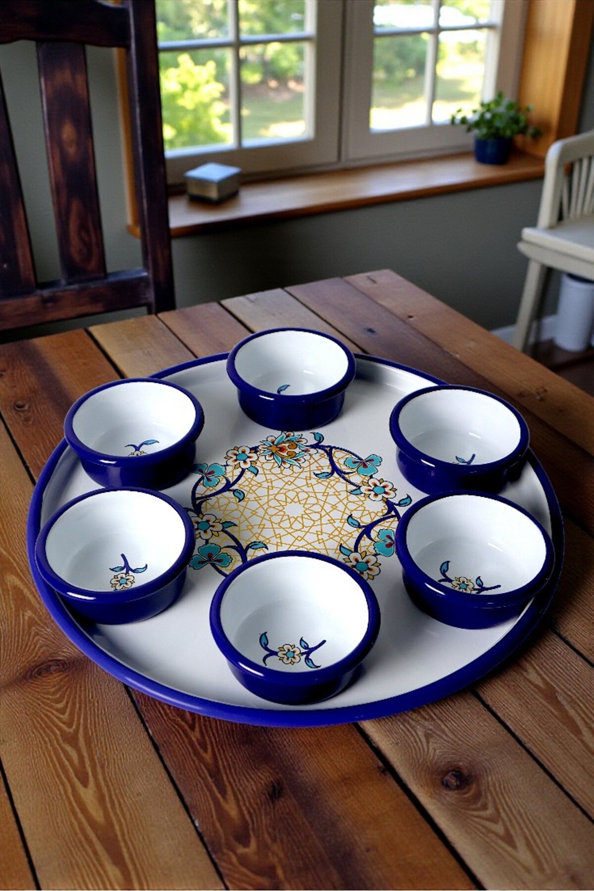 7 Parça Orta Boy Desenli Emaye Kahvaltı Seti,Sunum,Kahvaltı Tabağı, Reçellik,Zeytin, Peynir Tabağı