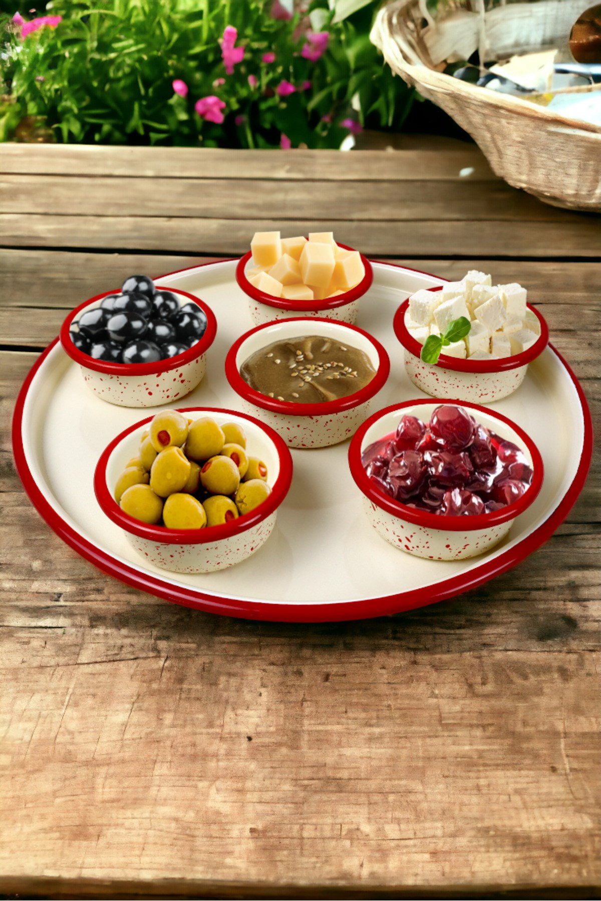7 Parça Orta Boy Emaye Kahvaltı Seti, Sunum, Kahvaltı Tabağı, Reçellik, Zeytin, Peynir Tabağı,