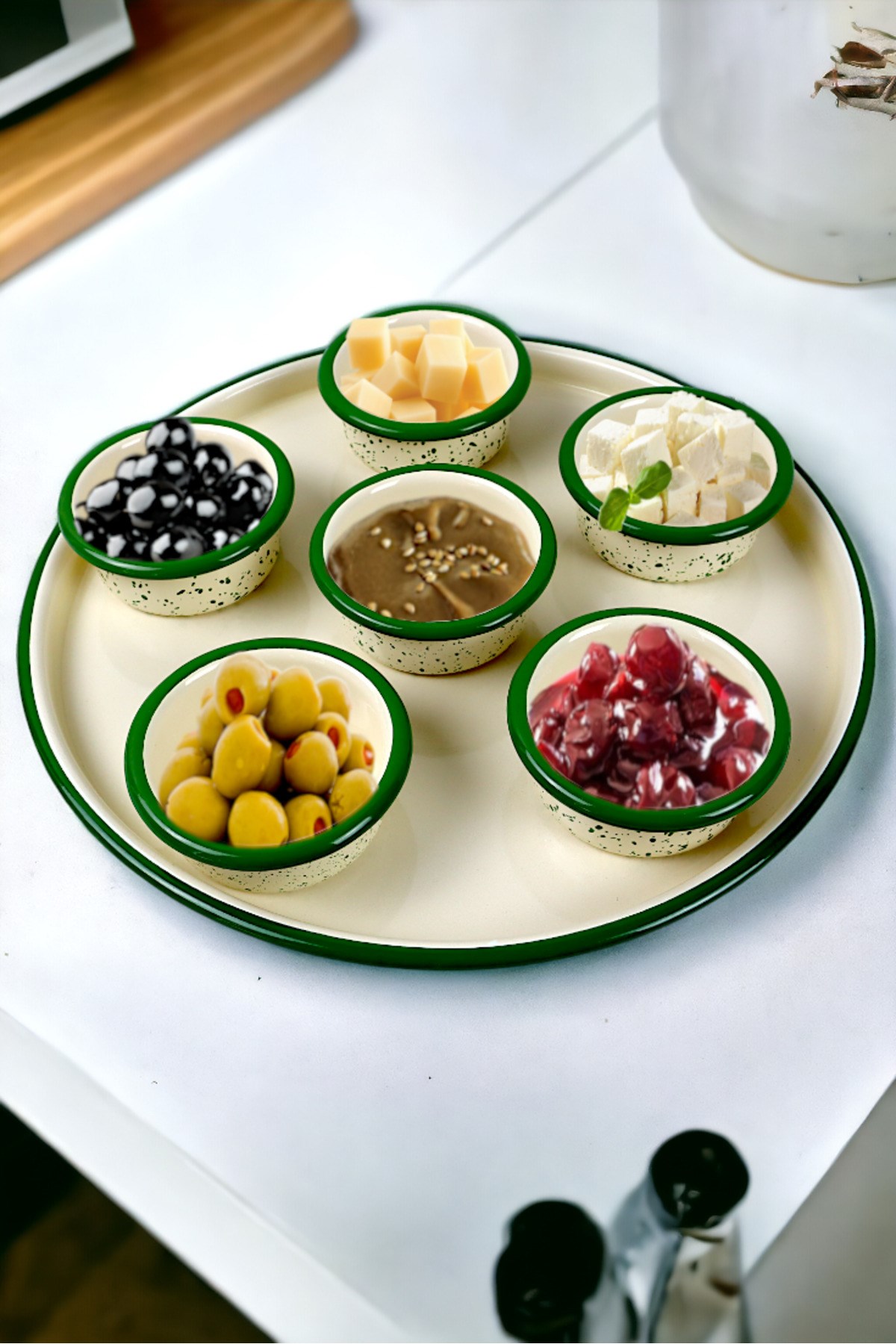 7 Parça Orta Boy Emaye Kahvaltı Seti, Sunum, Kahvaltı Tabağı, Reçellik, Zeytin, Peynir Tabağı,