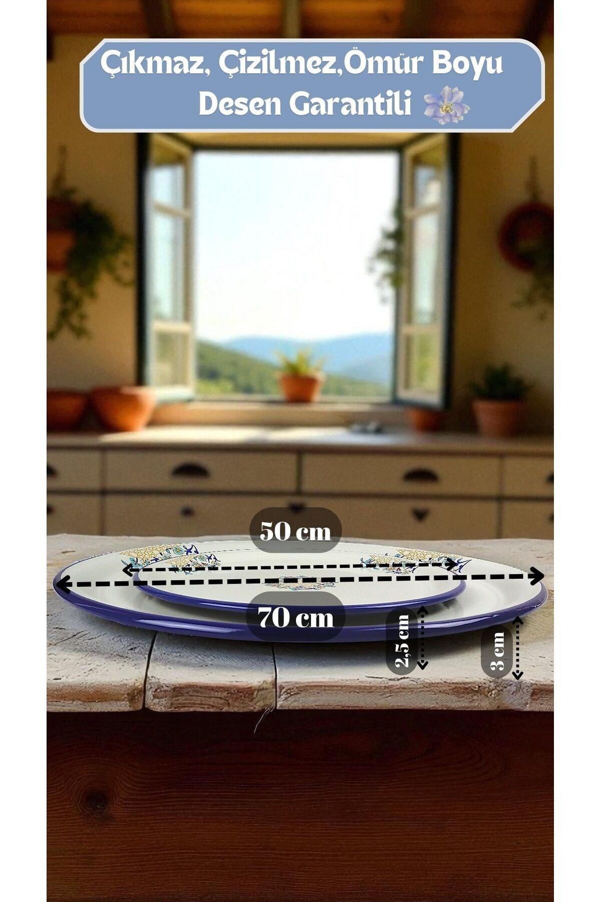 70-50 No Emaye Sini Sofra, Yemek Sunum Tepsi, Yer Sofrası Çinko ~68 Cm