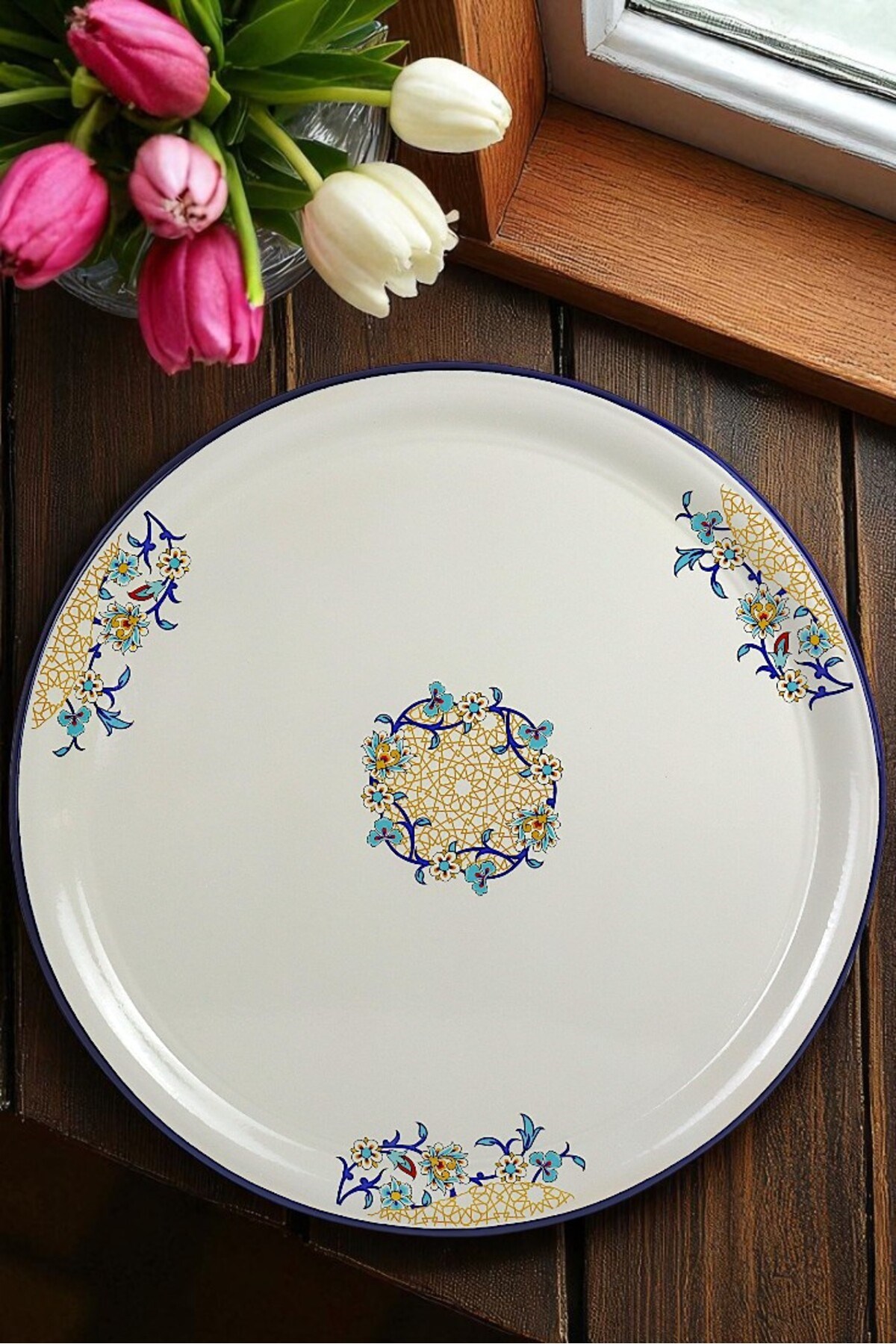70 No Emaye Sini Sofra, Yemek Sunum Tepsi, Yer Sofrası Çinko ~68 Cm