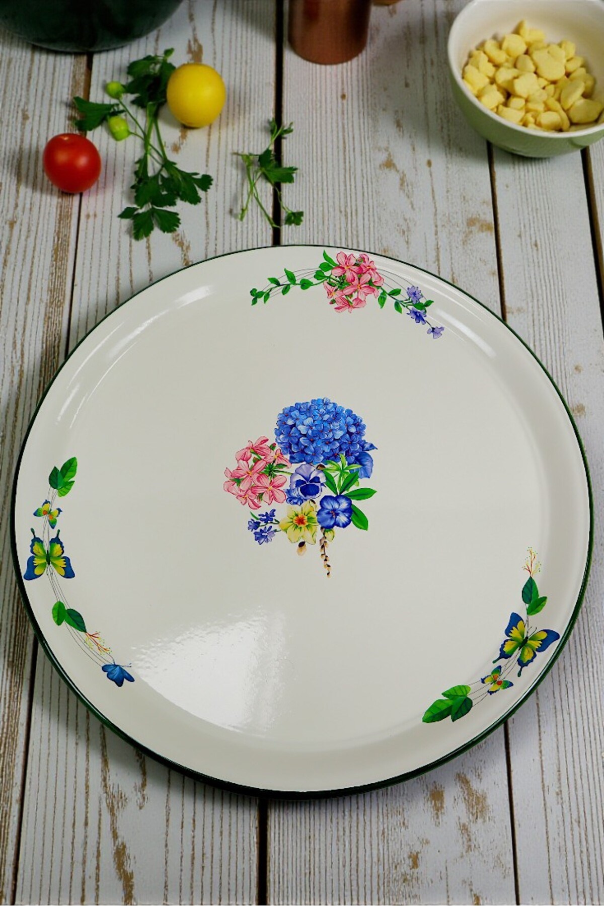 70 No Krem Emaye Sini Sofra, Yemek Sunum Tepsi, Yer Sofrası Çinko ~68 Cm