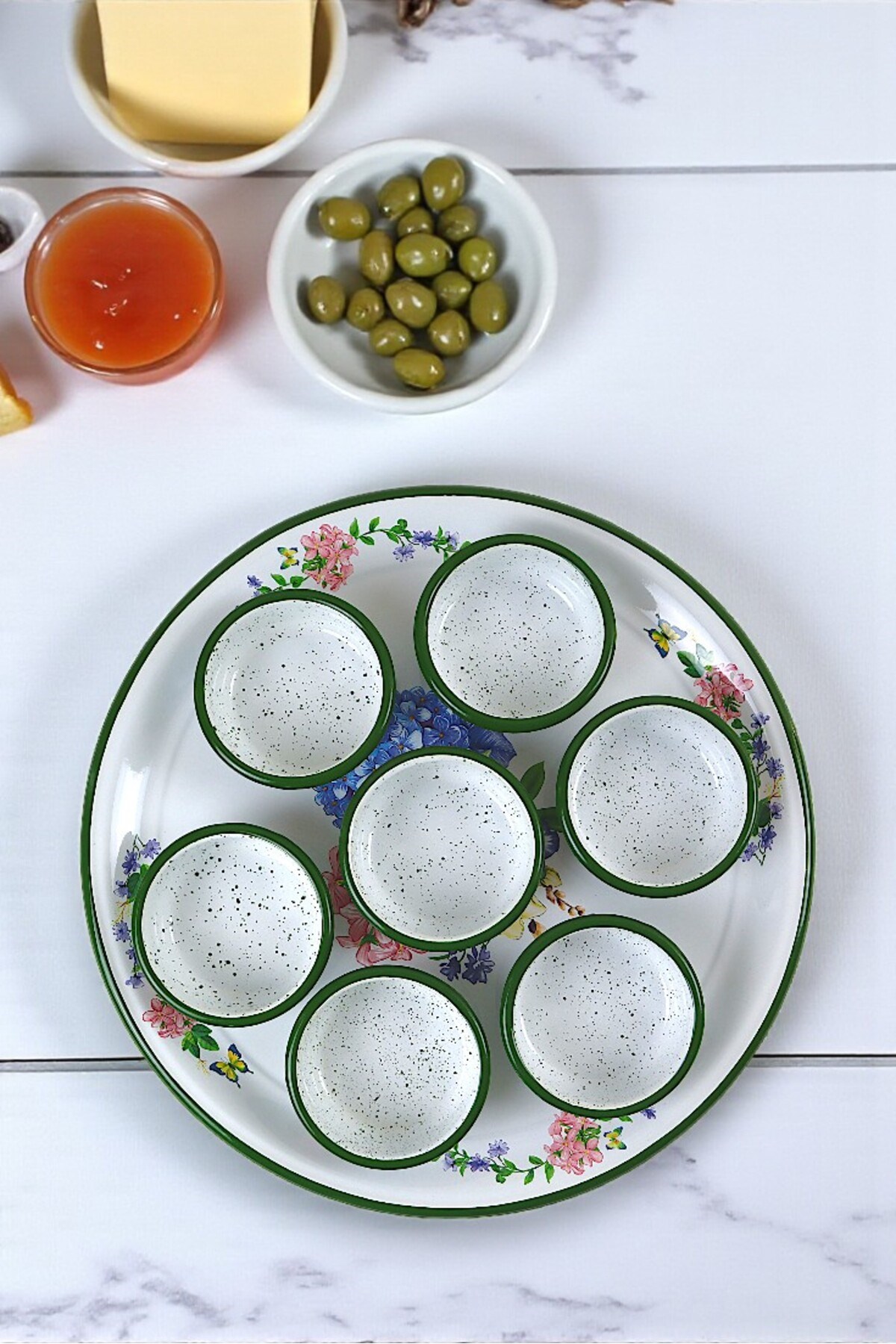 8 Parça Orta Boy,kapaklı,Desenli Emaye Kahvaltı Seti,Sunum,Kahvaltı Tabağı, Reçellik,Zeytin