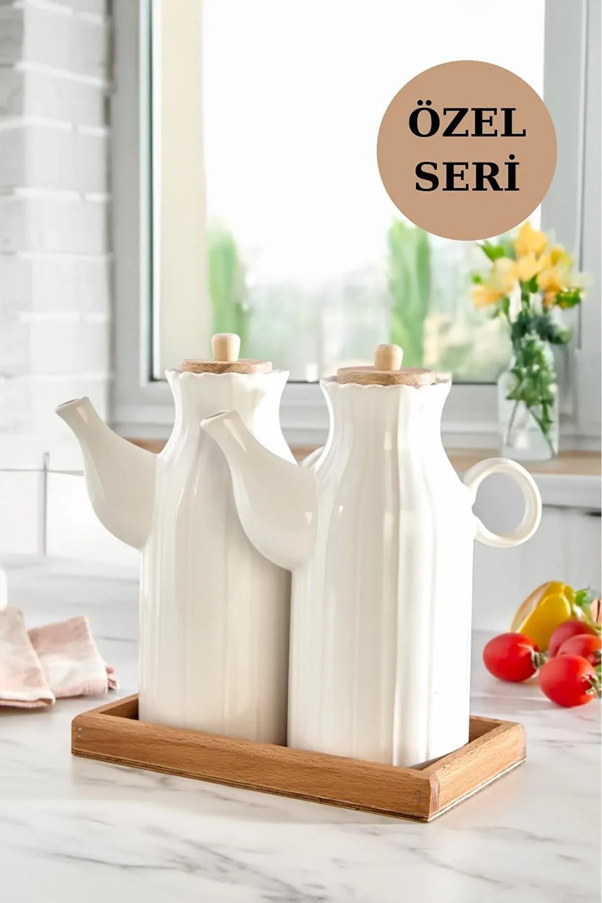 Ahşap Standlı Cam Yağlık Sirkelik Seti 1 LT | Kayın Standlı