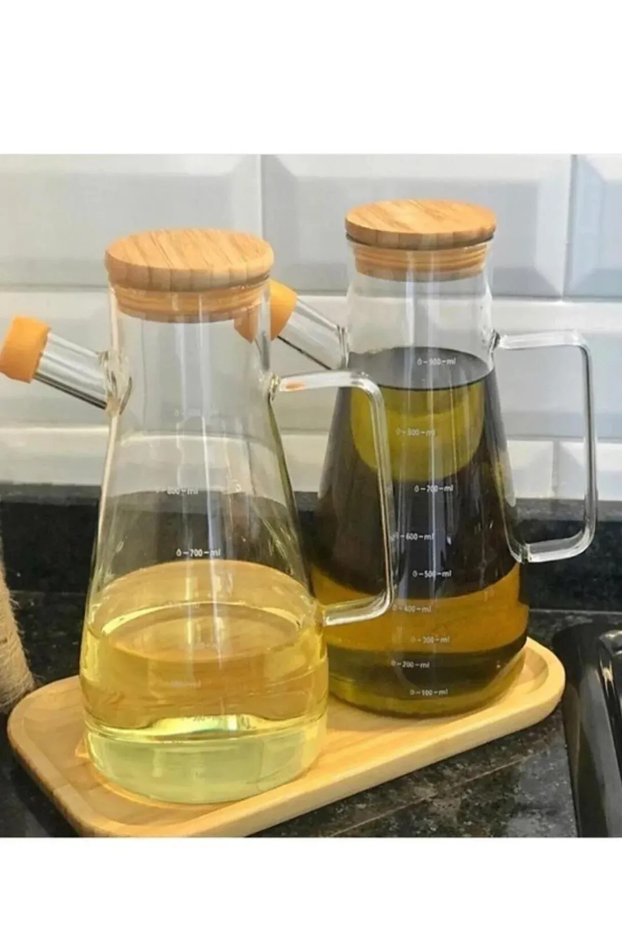 Bambu Altlıklı Borosilikat Cam Yağlık Sirkelik Seti 900 Ml (3'lü)