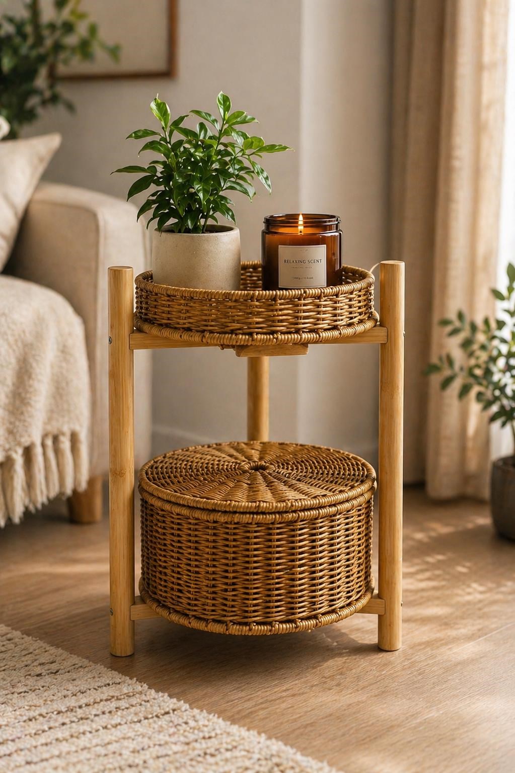 Bambu Ayaklı Rattan Sepetli Organizer Sebzelik 2 Katlı Çok Amaçlı Dekoratif Stand Banyo Düzenleyici