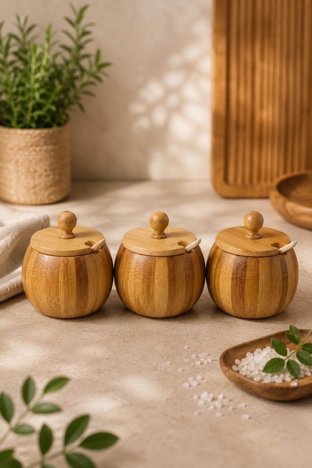Bambu Baharatlık Seti 3'lü Kapaklı Kaşıklı Tuzluk Şekerlik Saklama Kabı Doğal Ahşap Organizer