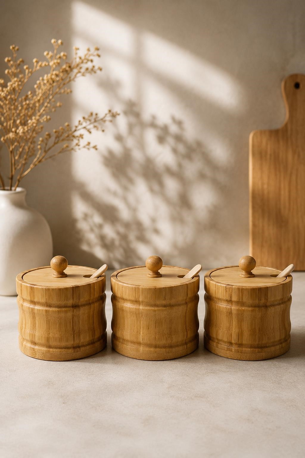 Bambu Baharatlık Seti 3'lü Kaşıklı Kapaklı Tuzluk Çay Şekerlik Kahve ve Baharat Saklama Kabı 9x9 cm