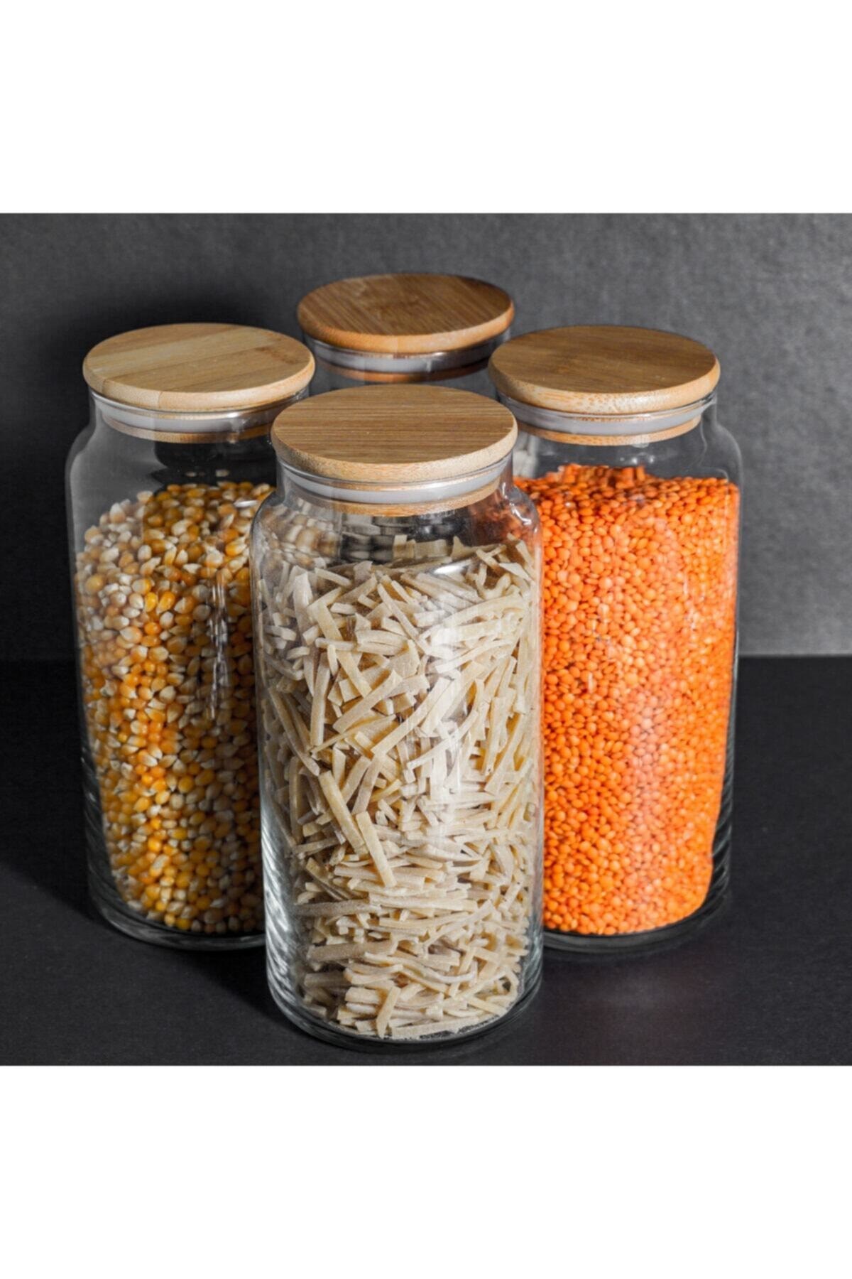 Bambu Kapaklı Cam Kavanoz Saklama Kabı Seti 1300ml 4'lü