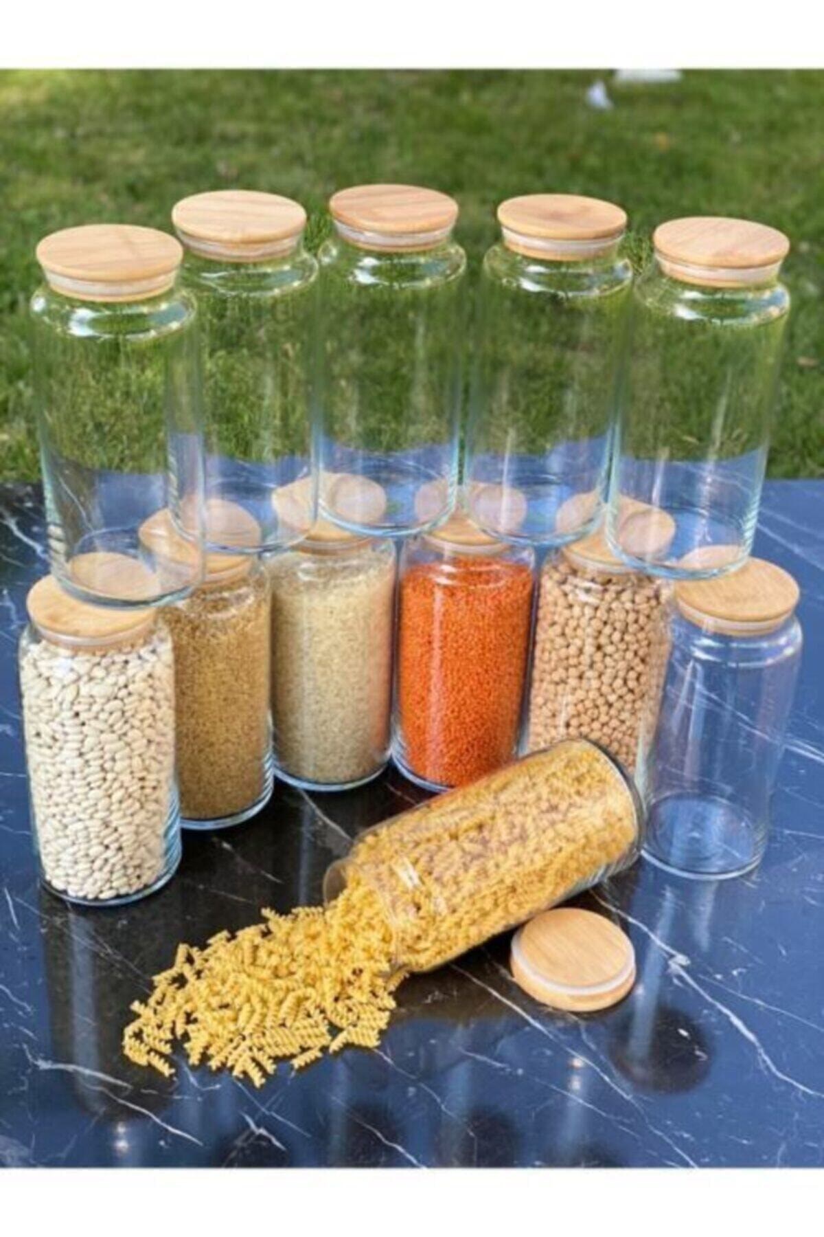 Bambu Kapaklı Cam Kavanoz Saklama Kabı Seti 1300 ml 12'li