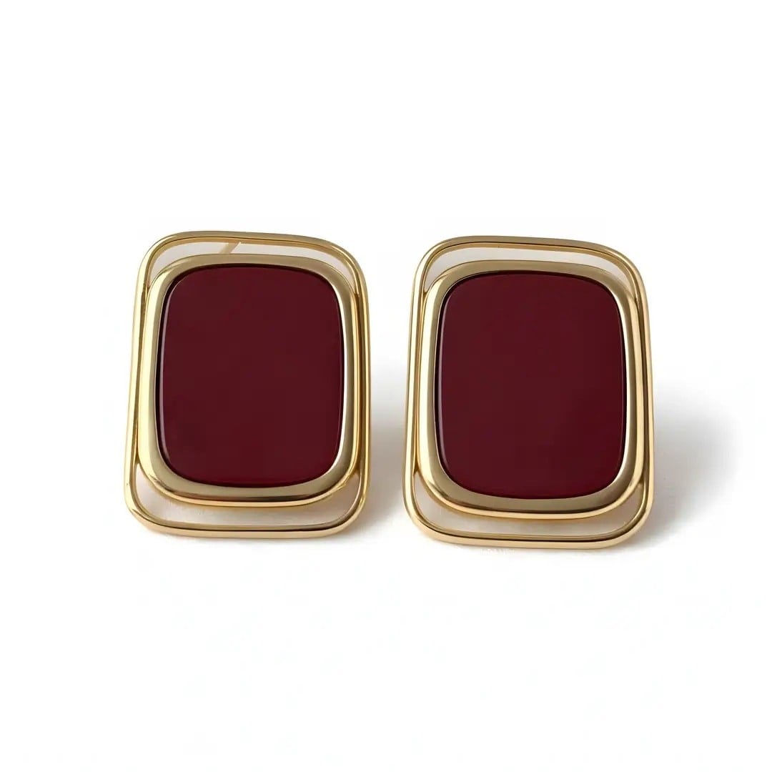 Bordo Kare Taşlı Gold Küpe