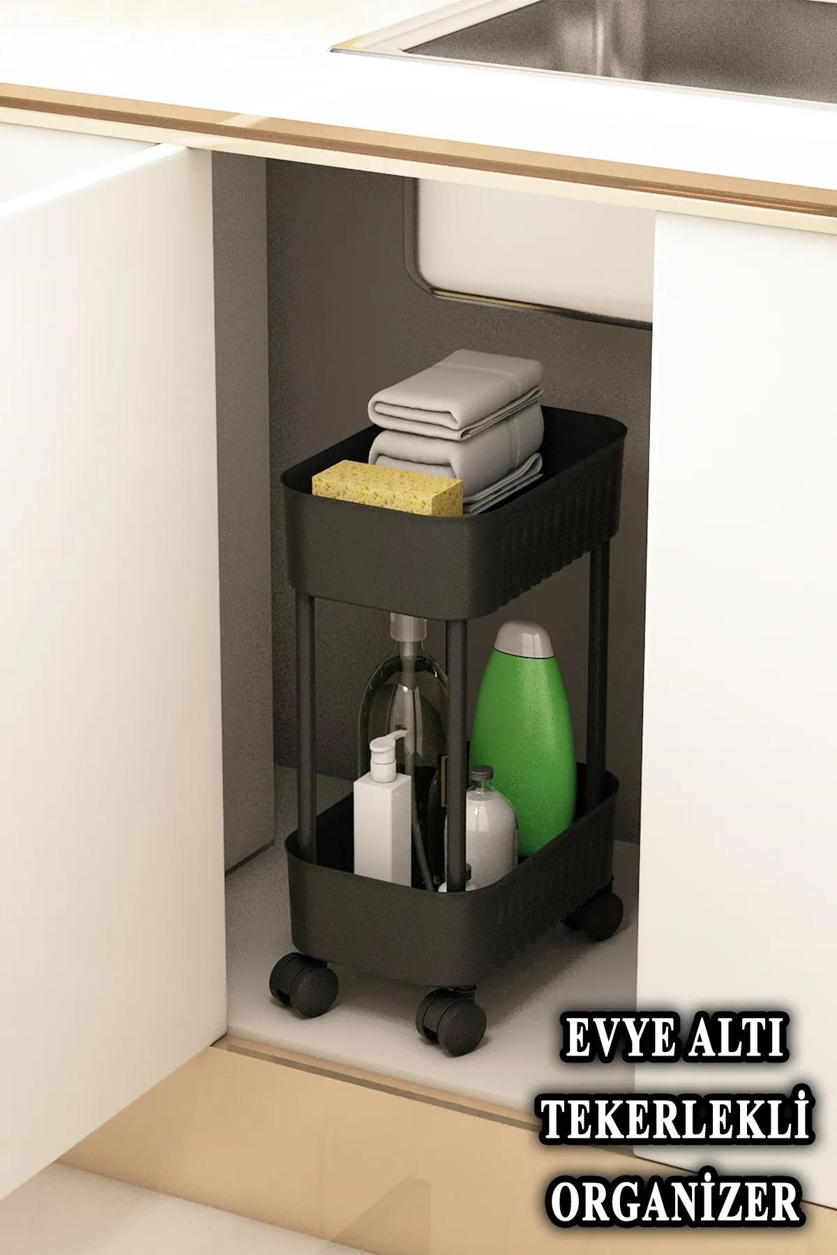 Çok Amaçlı 2 Katlı Banyo Dolabı, Evye Altı Düzenleyici Dolap Içi Tezgah Altı Tekerlekli Organizer - Deterjanlık, Dolap içi Raf