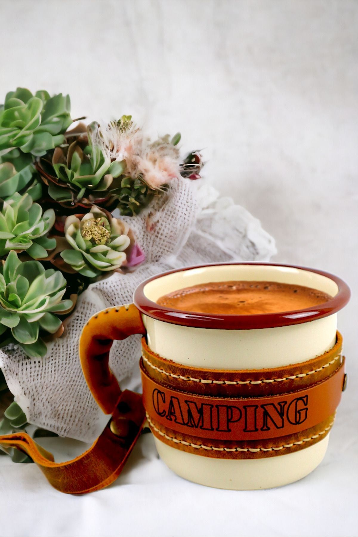Emaye Deri İşlemeli Kupa Bardak Camp Kamp Mug Fincan Kahve