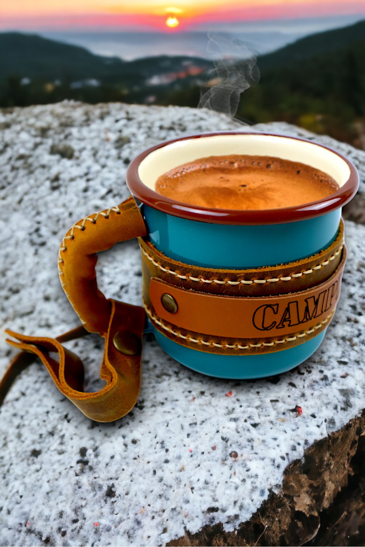 Emaye Deri İşlemeli Kupa Bardak Camp Kamp Mug Fincan Kahve