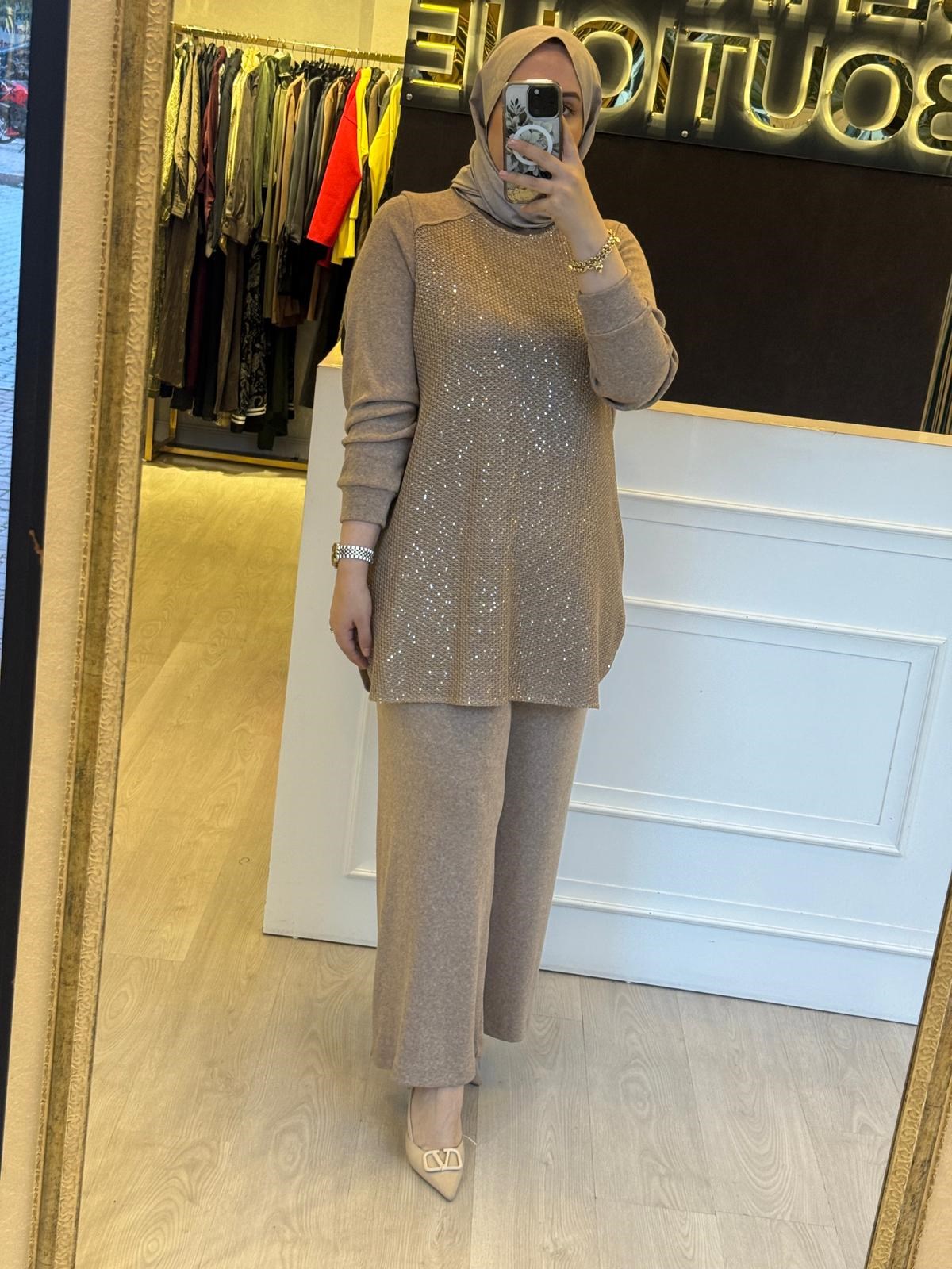 FUAT GÜRSEN Örme Payetli Kumaş Mix Triko Tunik Pantolon Takım