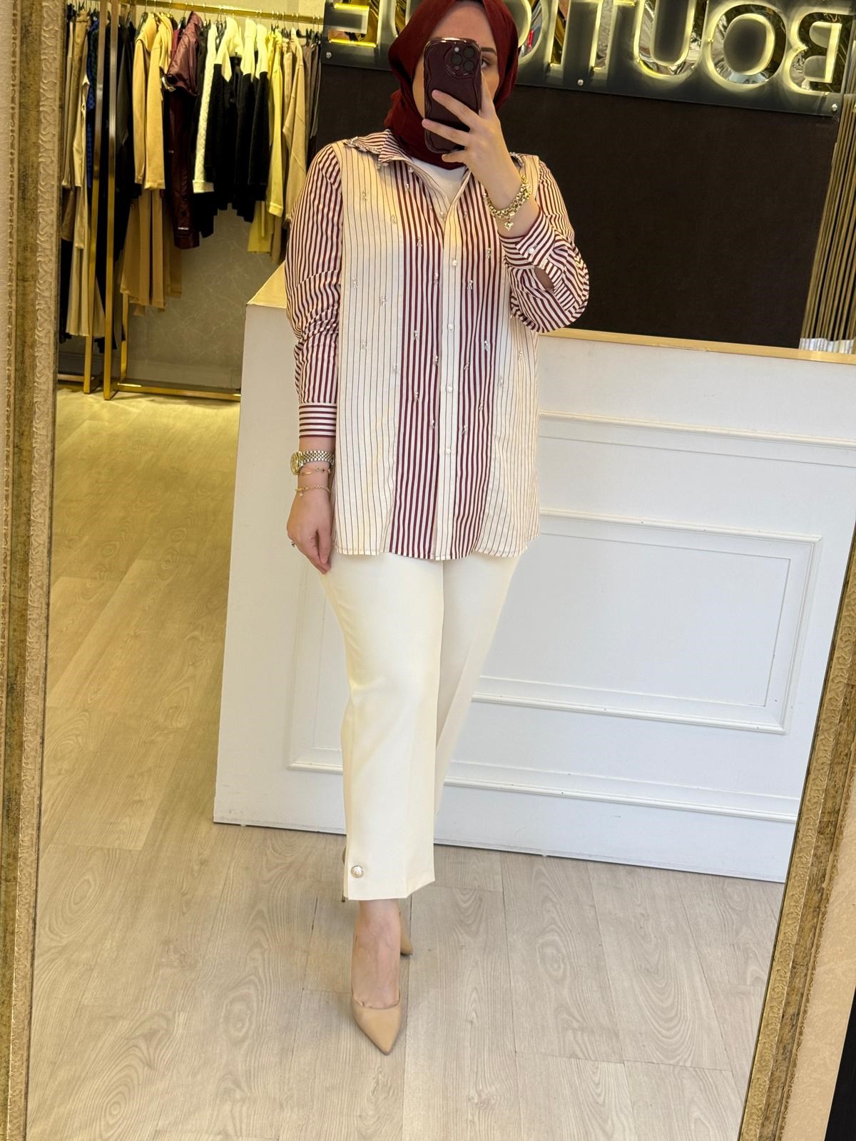 FUAT GÜRSEN Pırlanta ve İnci İşlemeli Rahat Gömlek
