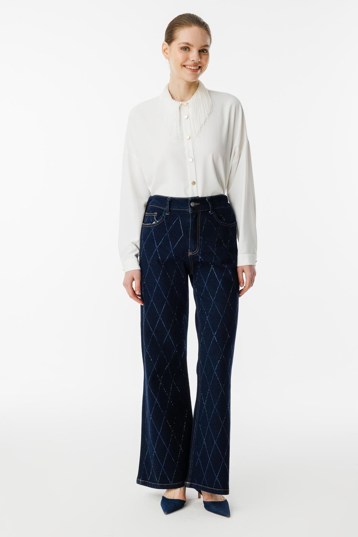 GHİSA TAŞ KAPİTONE İŞLEMELİ JEANS PANTOLON