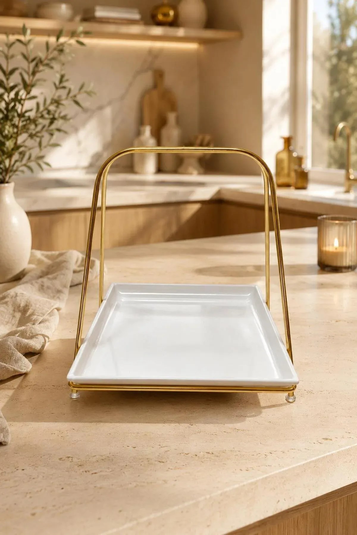 Gold Metal Standlı Melamin Servis Tepsisi & Sunum Standı