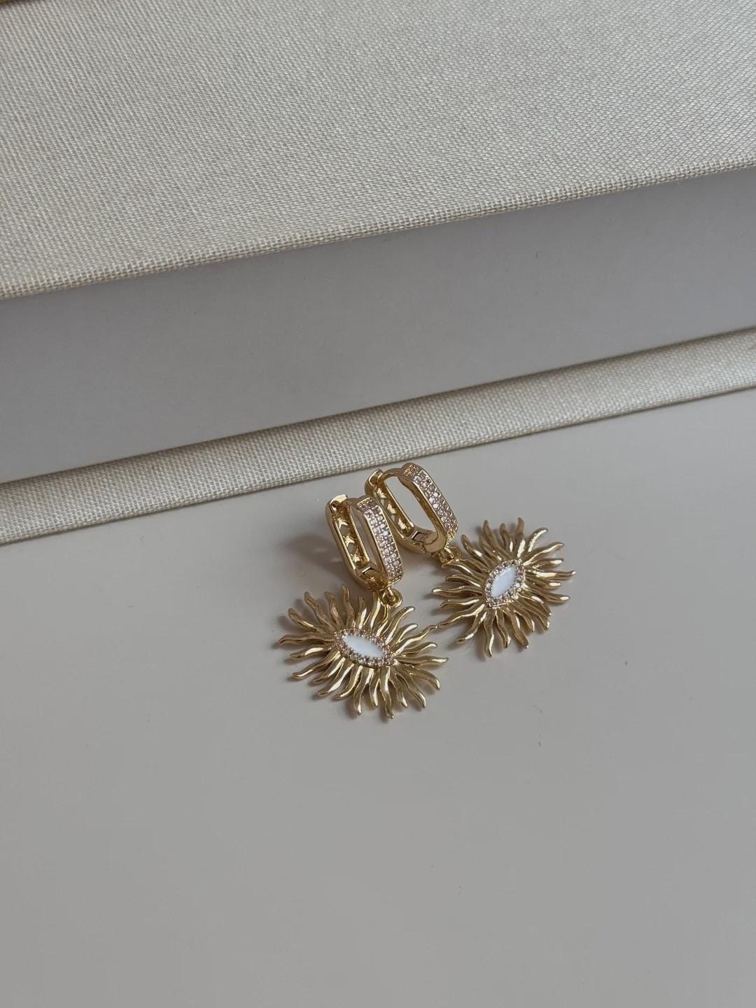 Gold Sunburst Drop Earrings Dainty Sparkly Dangle Earrings For Women