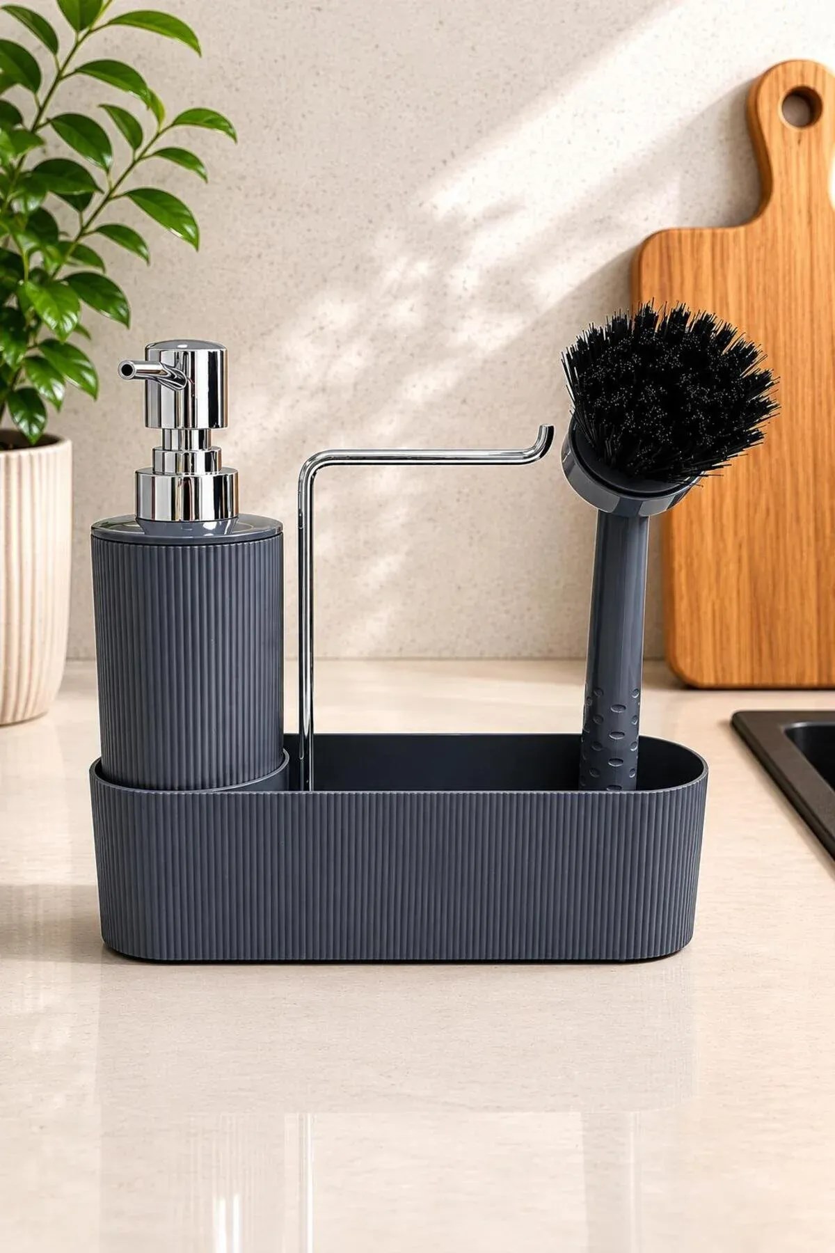 Gri Mutfak Düzenleyici Sabunluk ve Fırçalık Seti – Lavabo Üstü Organizer
