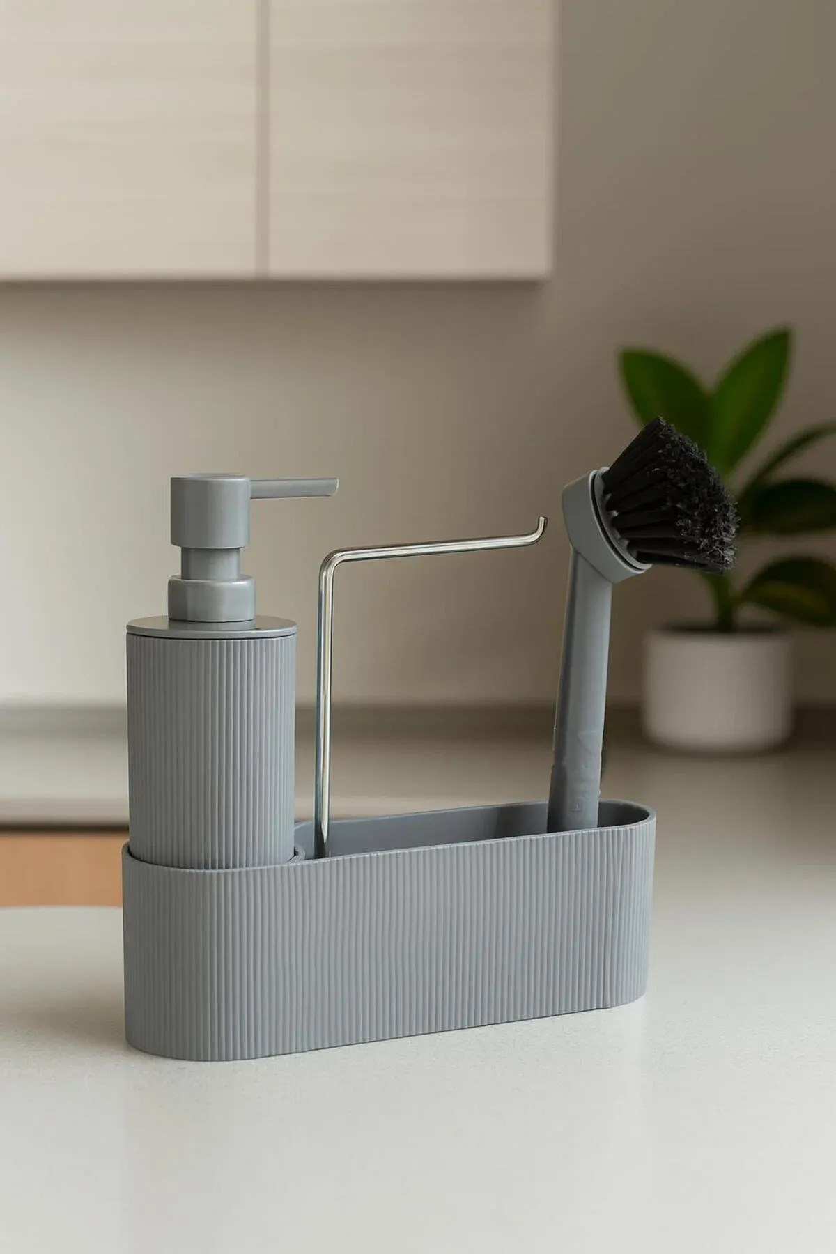 Gri Mutfak Lavabo Düzenleyici Set – Çizgili Sabunluk & Fırçalık
