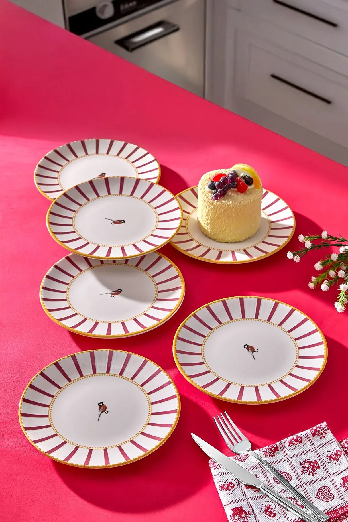 İLİVA 6'lı Pembe Kuş Desenli Pasta Tabağı Seti 17 cm
