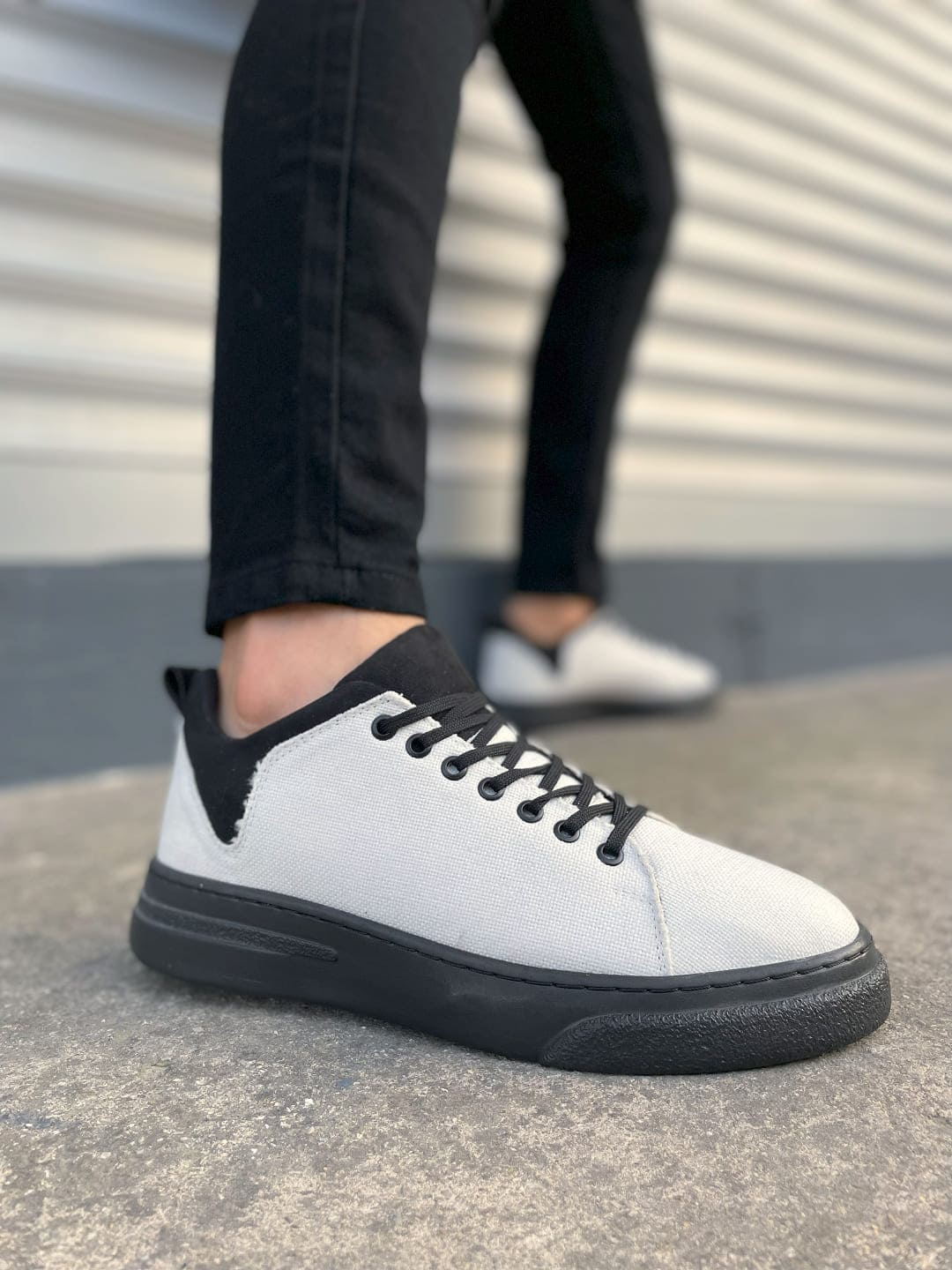 JY204 Flex Bağcıklı Keten Kumaş Erkek Günlük Sneaker Ayakkabı KST - Beyaz/Siyah