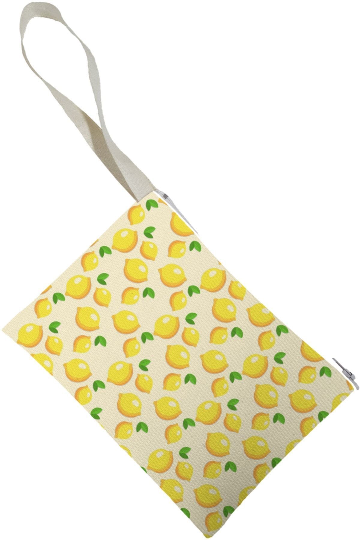 Kadın Sarı Limon Desenli Portföy Clutch Çanta