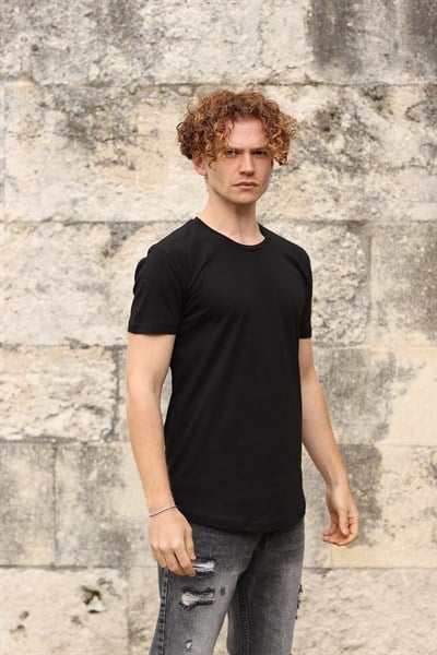 Kısa Kol Uzun Bisiklet Yaka Siyah Basic Erkek T-Shirt