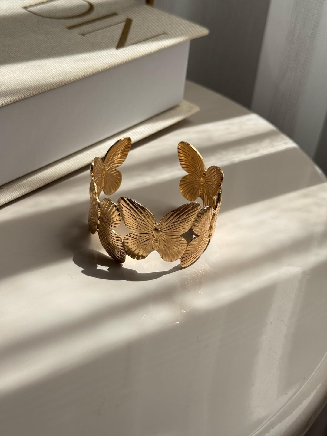 Large Butterfly Cuff Bracelet Adjustable Gold Plated Stainless Steel Jewelry for Women