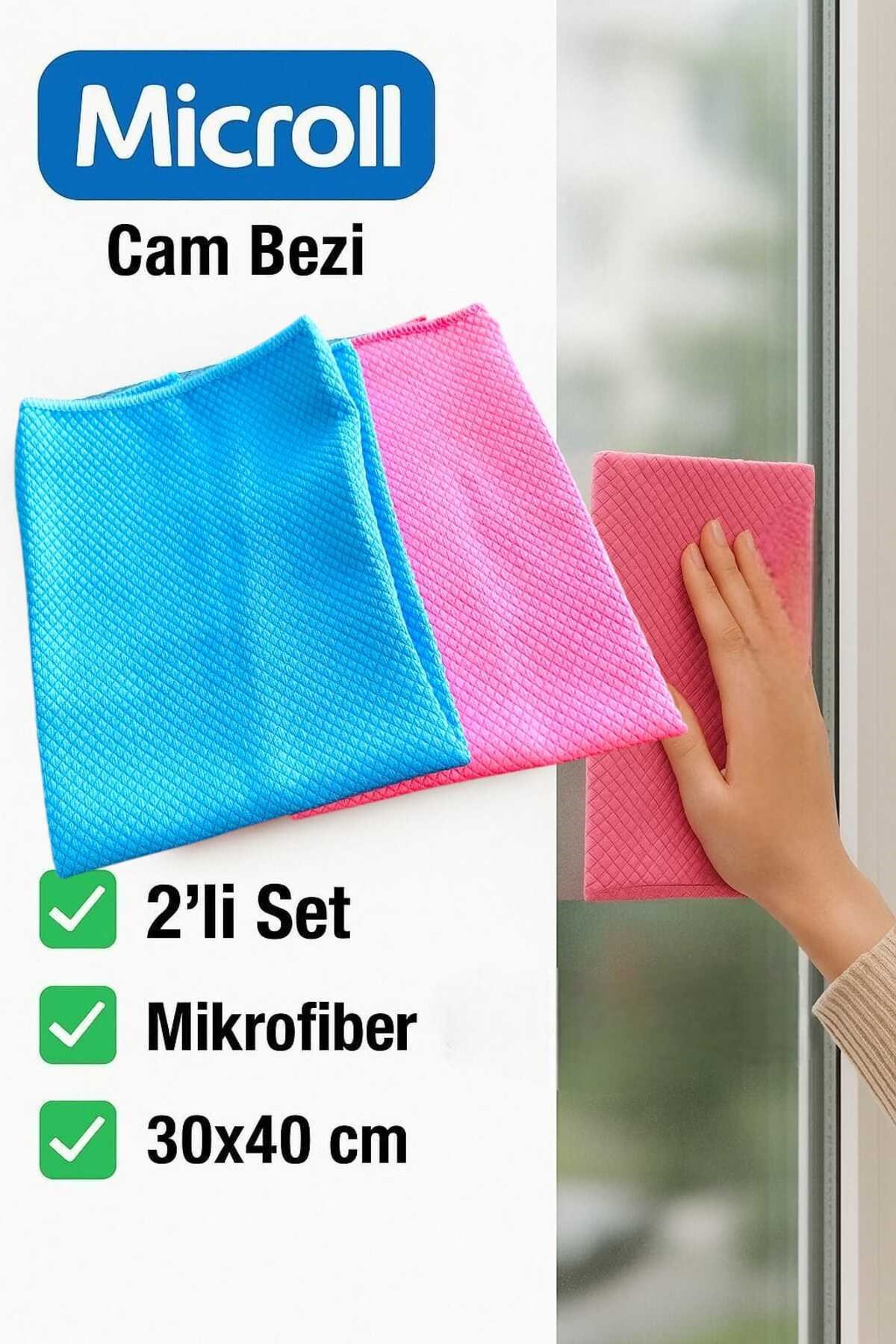 Microll 2'li Mikrofiber Cam Bezi | Pembe & Mavi | İz Bırakmaz – Tüy Bırakmaz – 30x40 cm