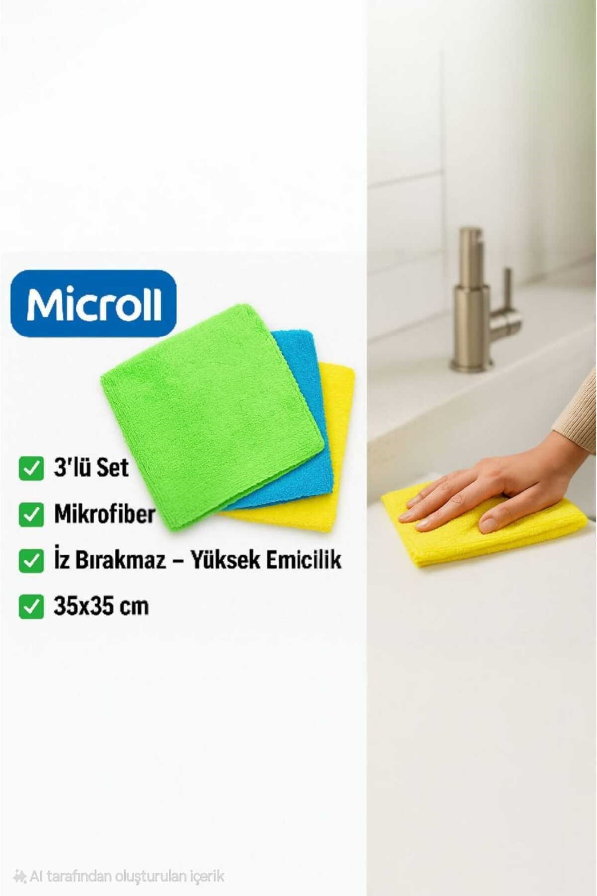 Mikrofiber Temizlik Bezi 3'lü Set | Yumuşak – İz Bırakmaz – Emici | 35x35 cm | Microll