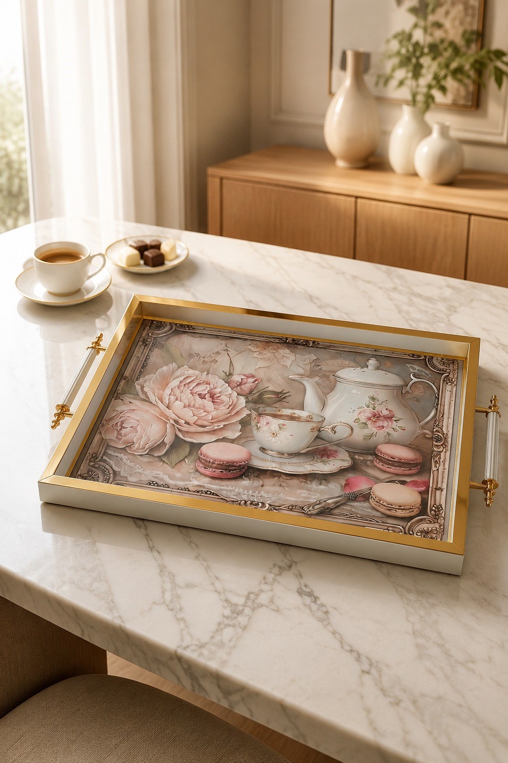 Minyatür Floral Çay Tepsi | Dekoratif Tepsi 47.5×28 cm