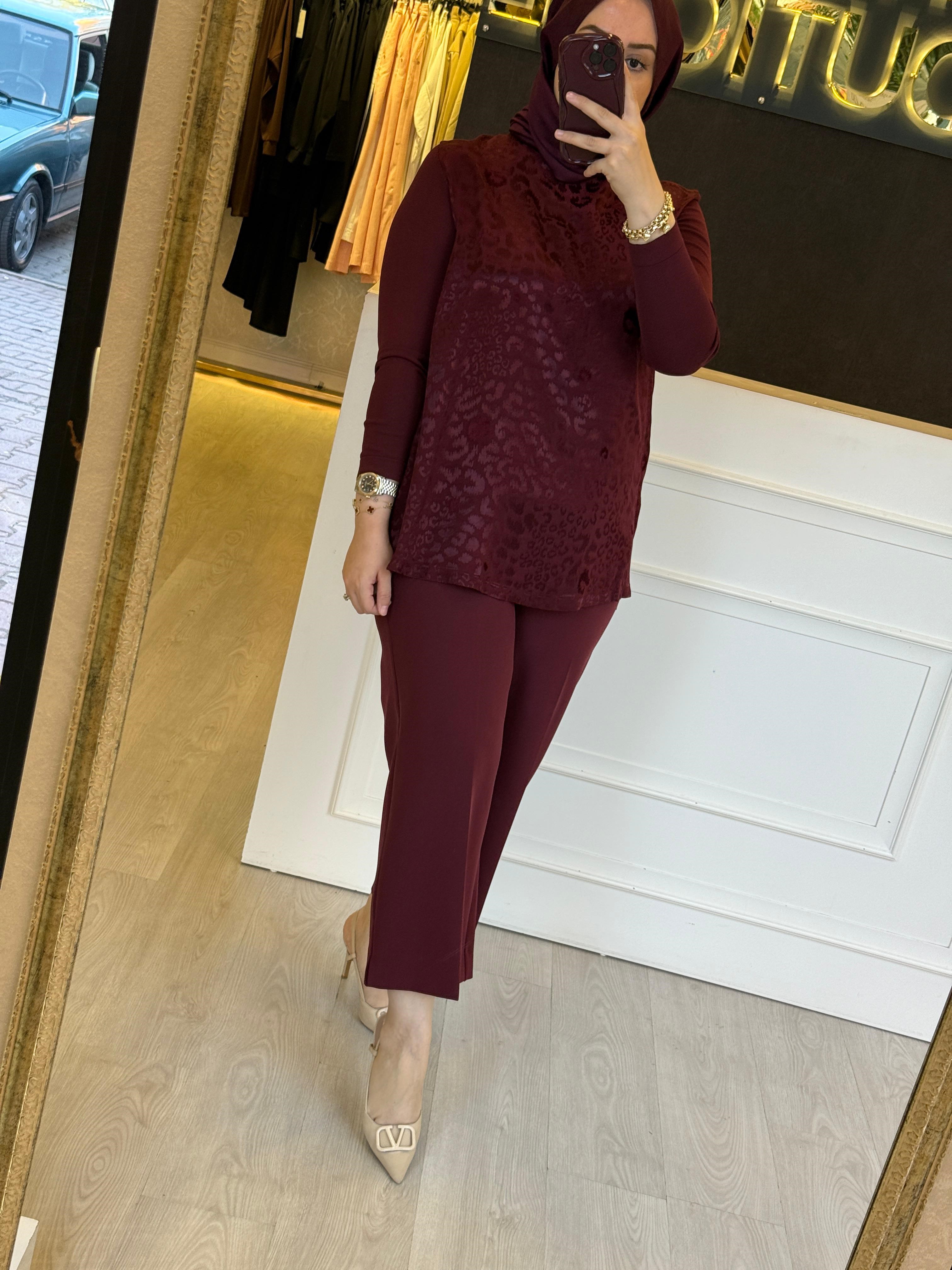 NUSS Fermuar Detaylı Leopar Desenli Şifon Mix Merserize Tunik