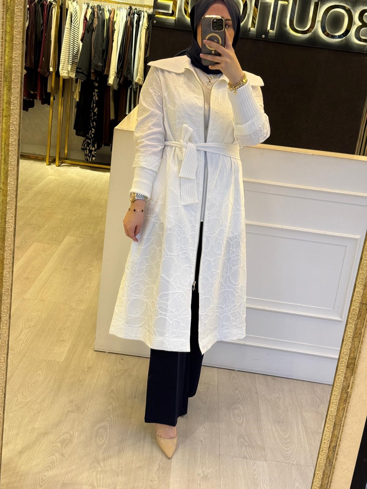 NUSS Kabartma Kumaş Triko Kemer Hediyeli Uzun Kap