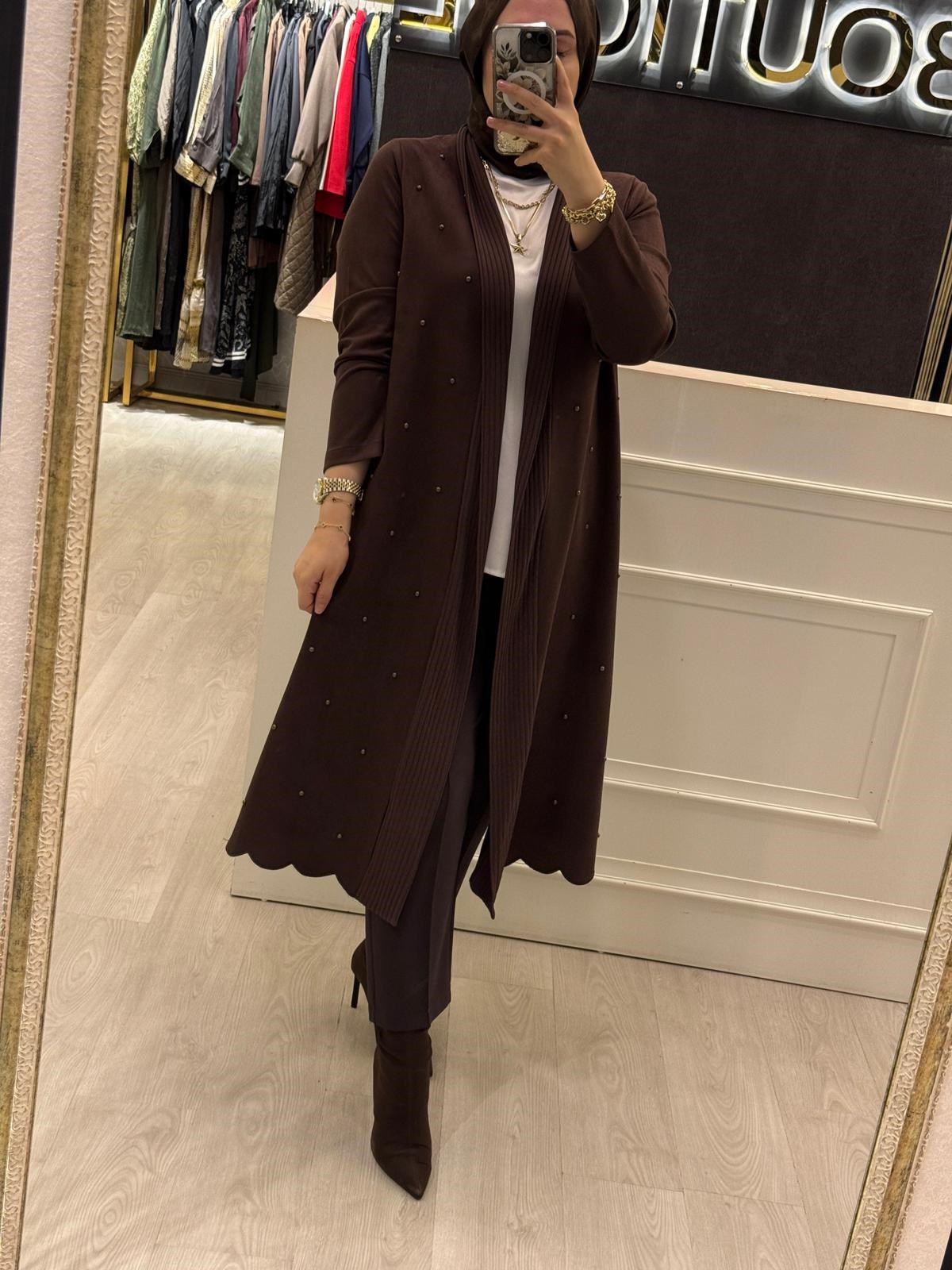 NUSS Top Boncuk İşlemeli Süet Mix Triko Uzun Kap