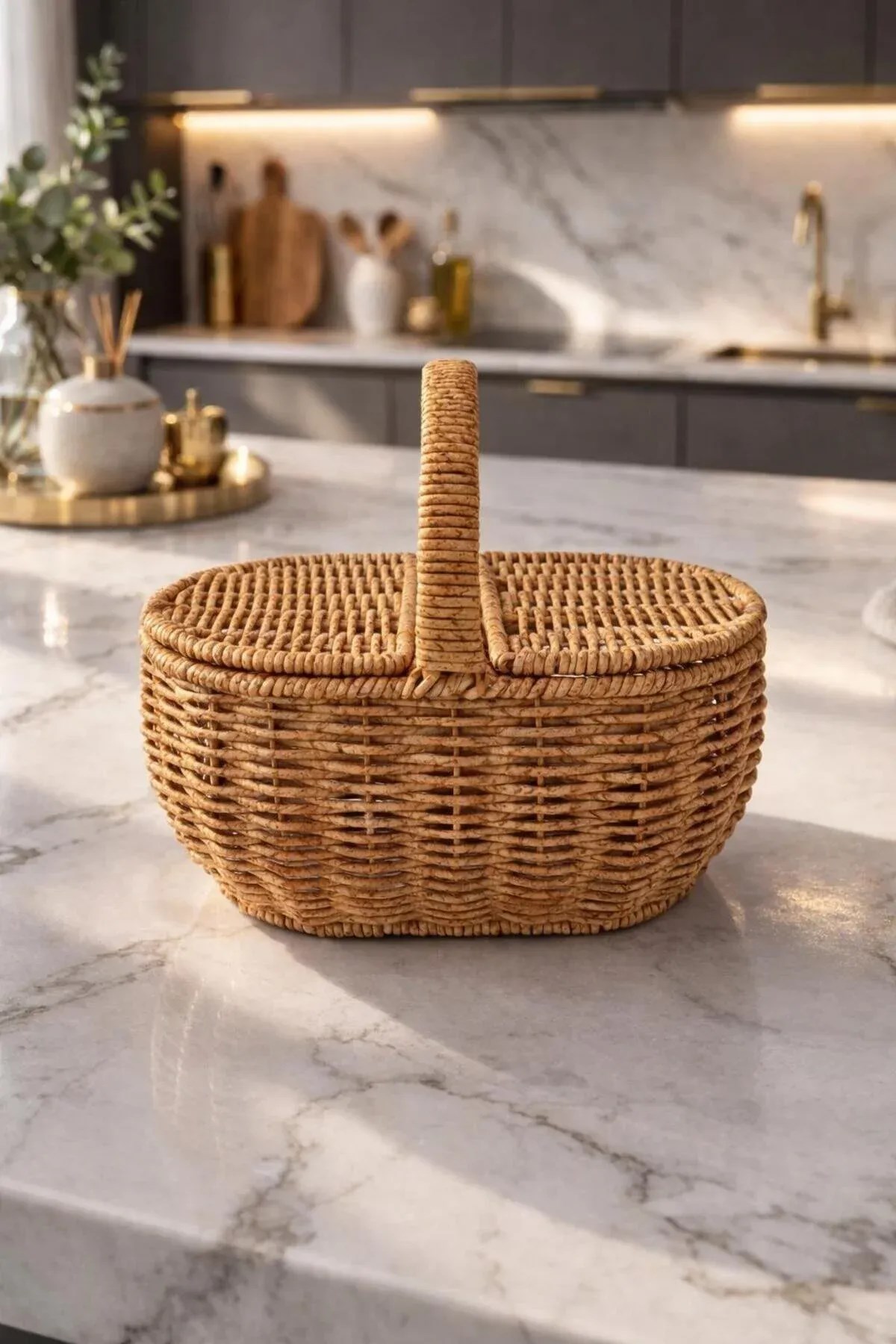 Oval Hasır Rattan Mini Kulplu Organizer Sepet 10,5x22,