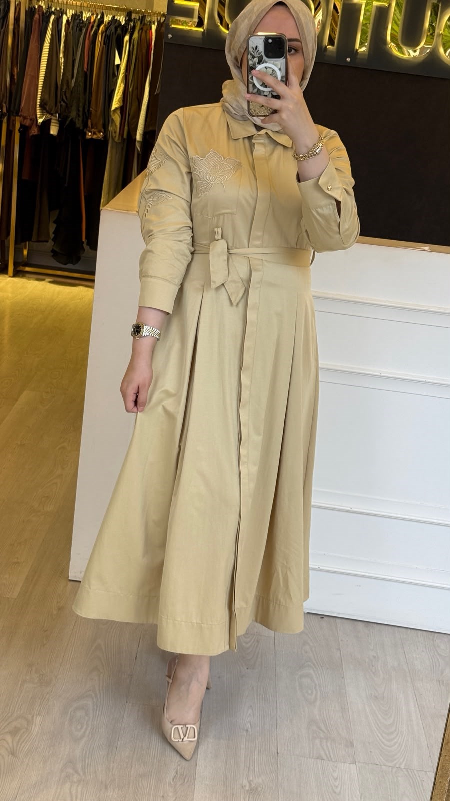 PEARLY Cep Nakışlı Poplin Elbise
