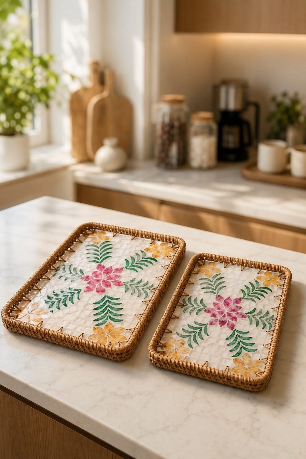 Sedefli Rattan Renkli Desenli Sunum Dikdörtgen Tepsi Seti 2'li 34/29 cm
