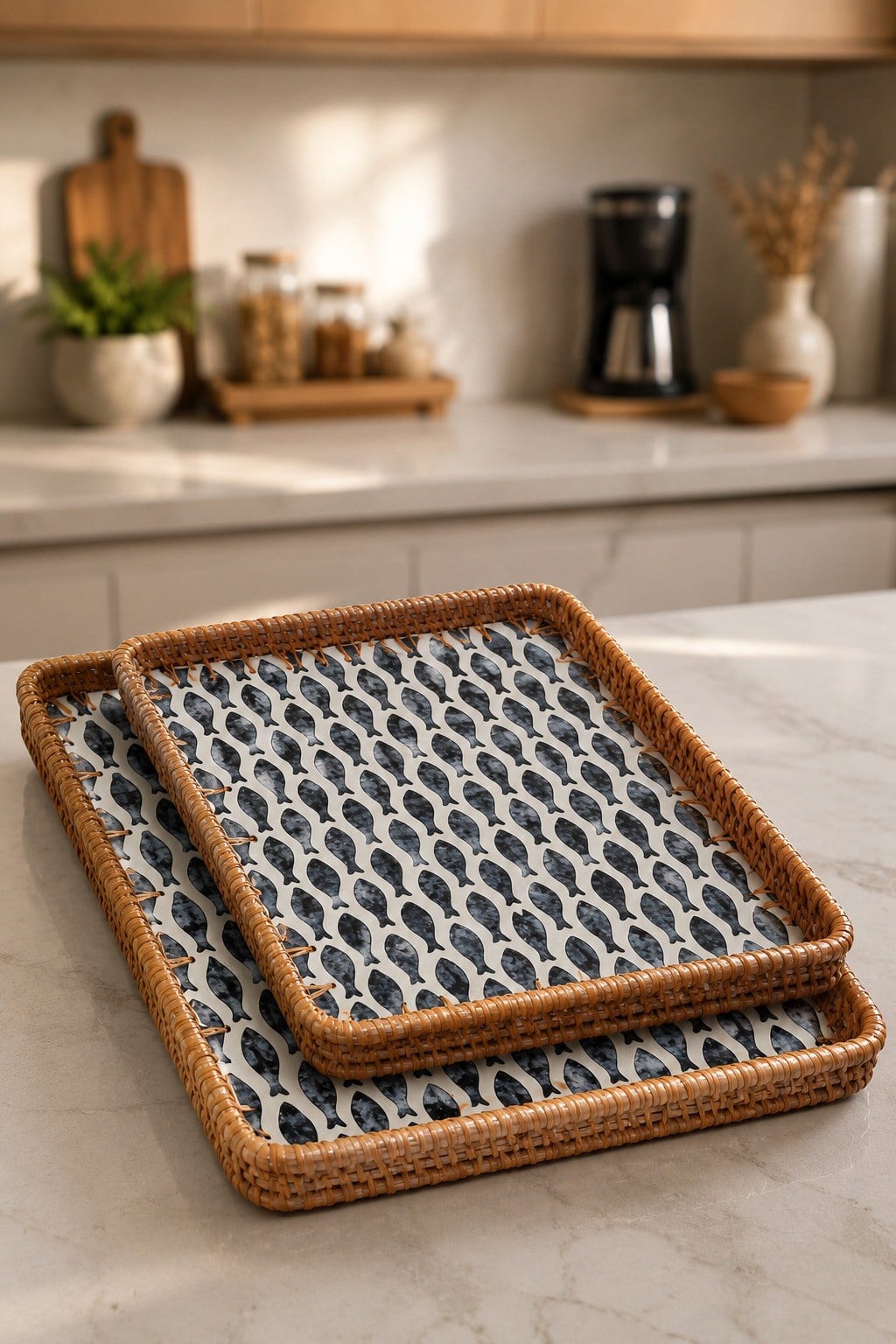 Sedefli Rattan Sunum Dikdörtgen Tepsi Seti 2'li 34/29 cm