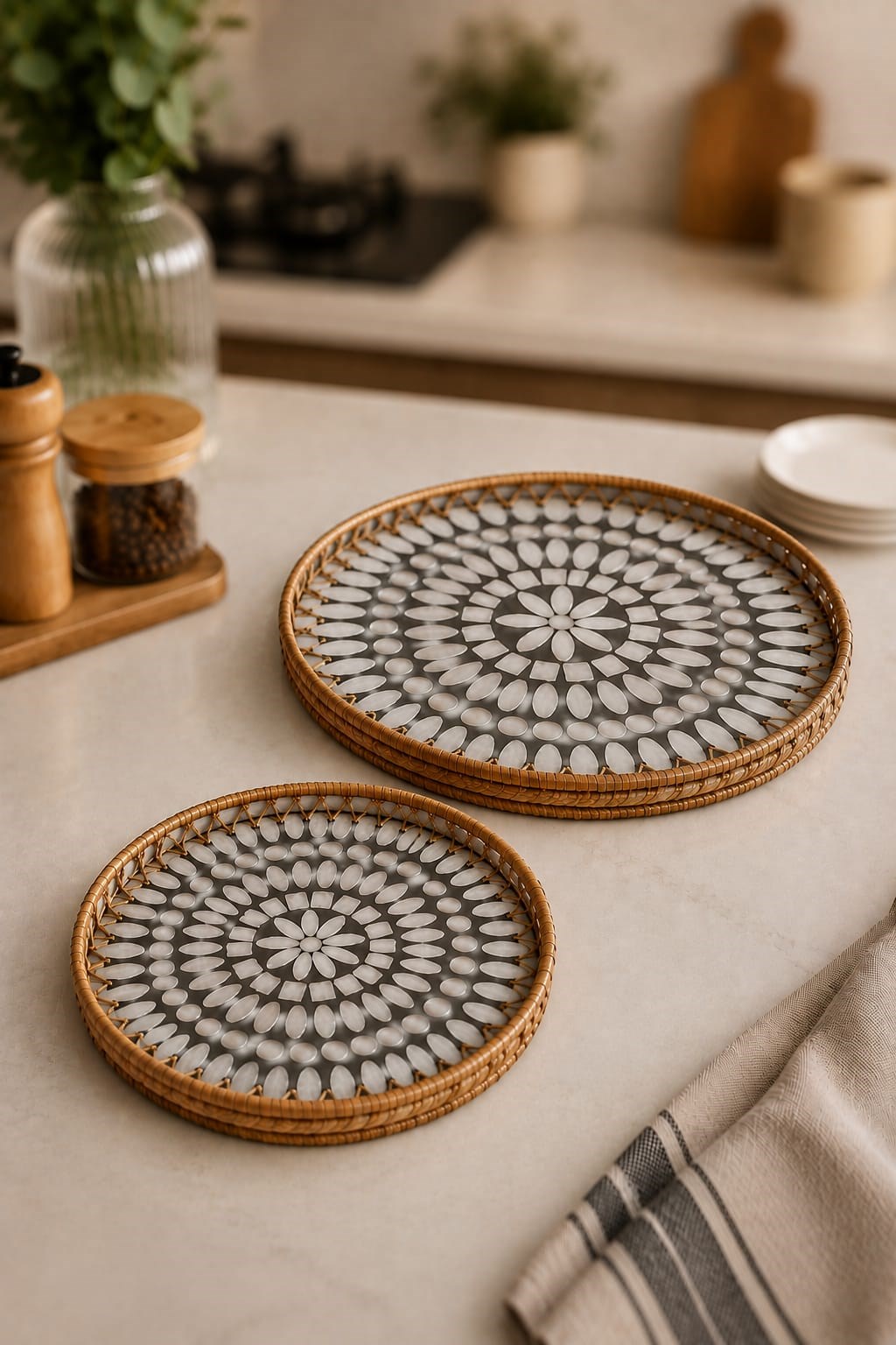 Sedefli Rattan Sunum Yuvarlak Tepsi Seti 2'li 34/29 cm