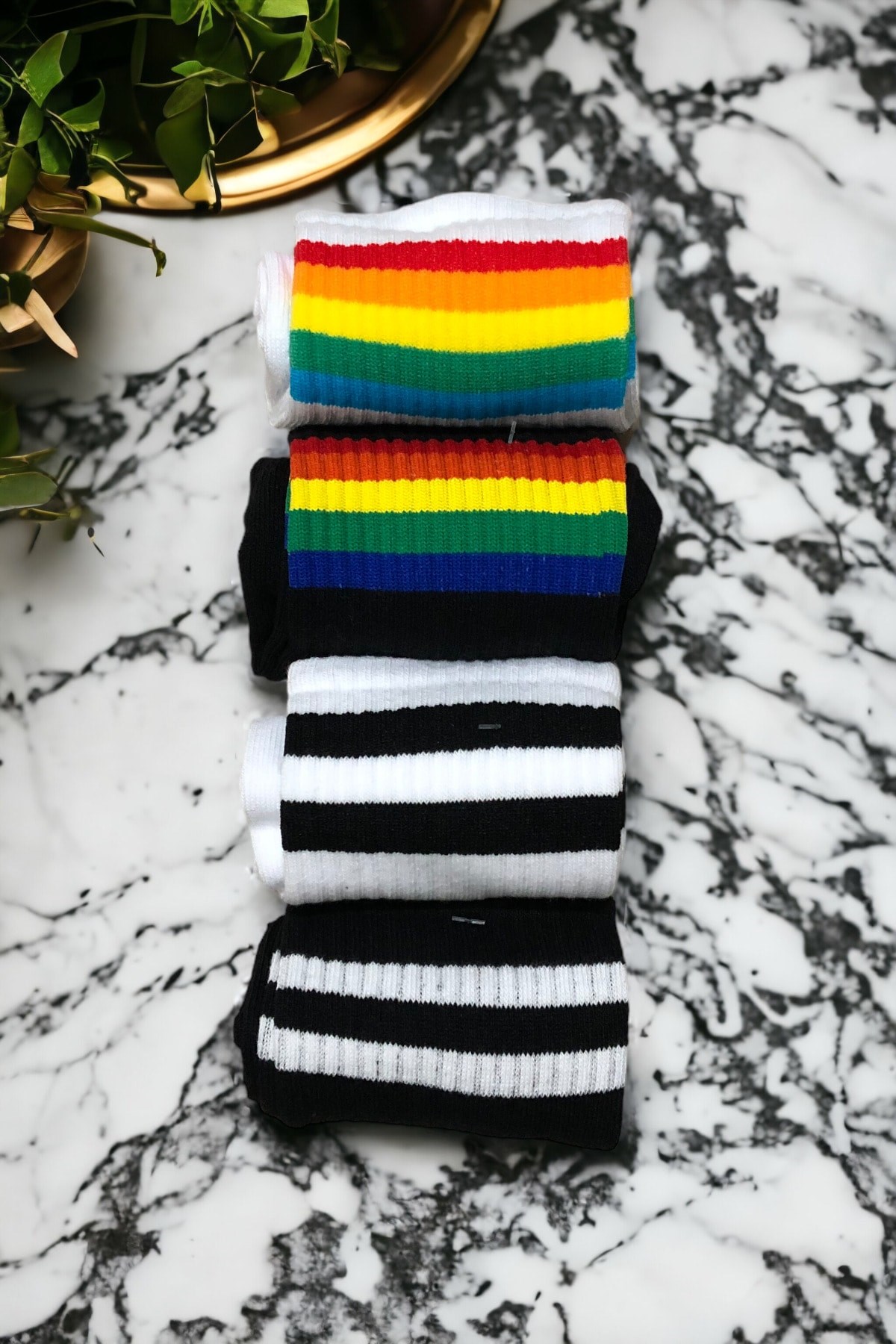Unisex 4 Çift Çizgili Kolej Çorap