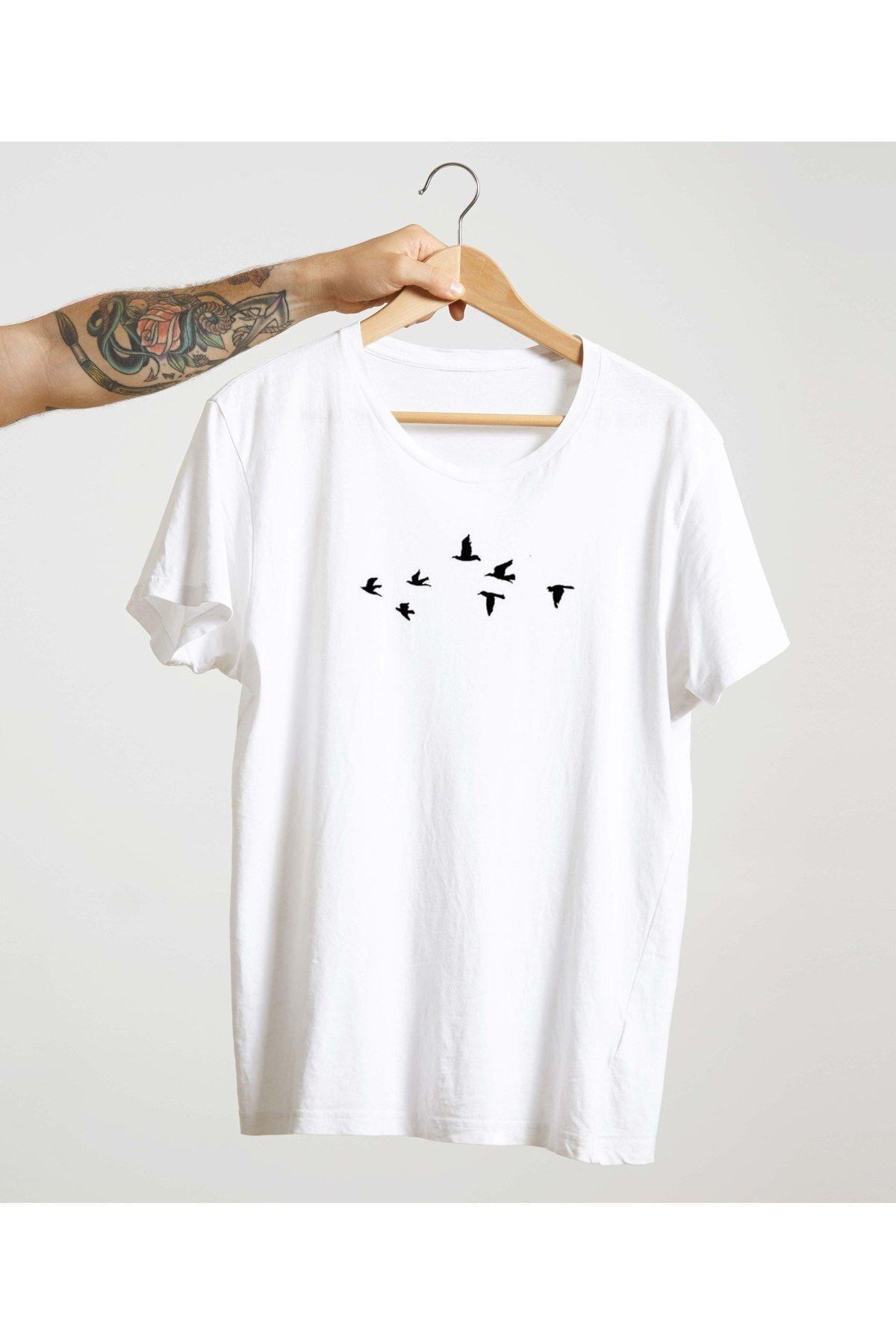 Unisex Beyaz %100 Pamuk Bisiklet Yaka Basic Örme T-shirt Kuşlar