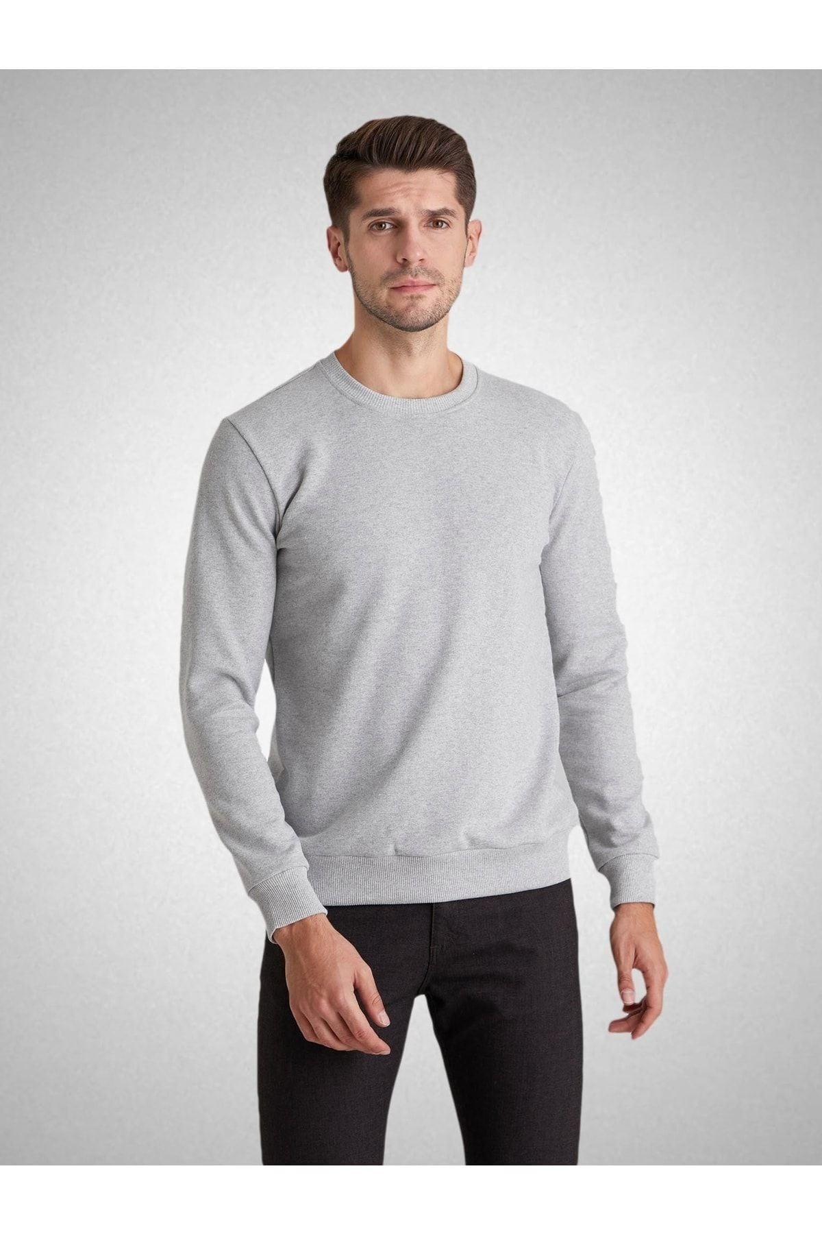 Unisex Gri Ince Fitilli Relax Basic Sweatshirt
