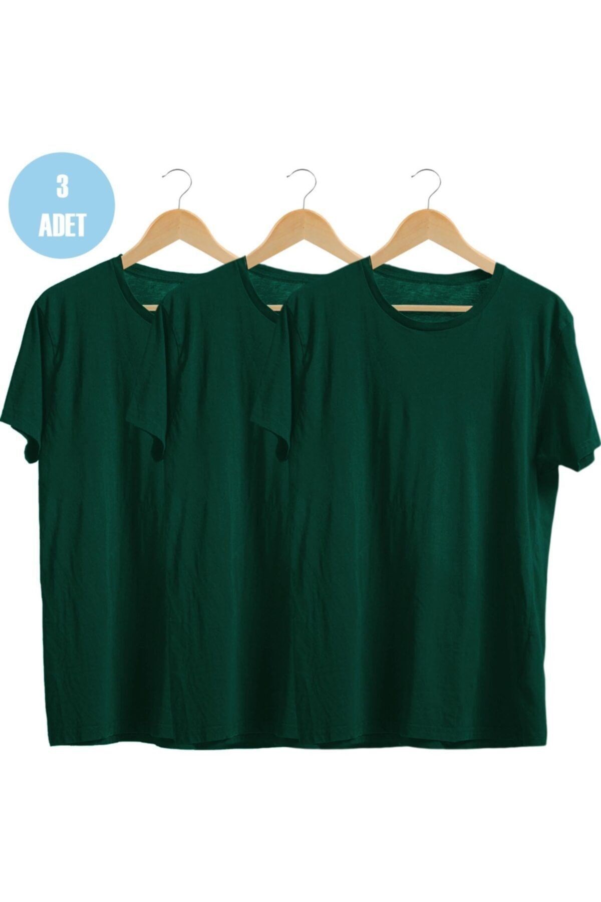 Unisex Koyu Yeşil %100 Pamuk Bisiklet Yaka Basic Örme T-shirt Üçlü