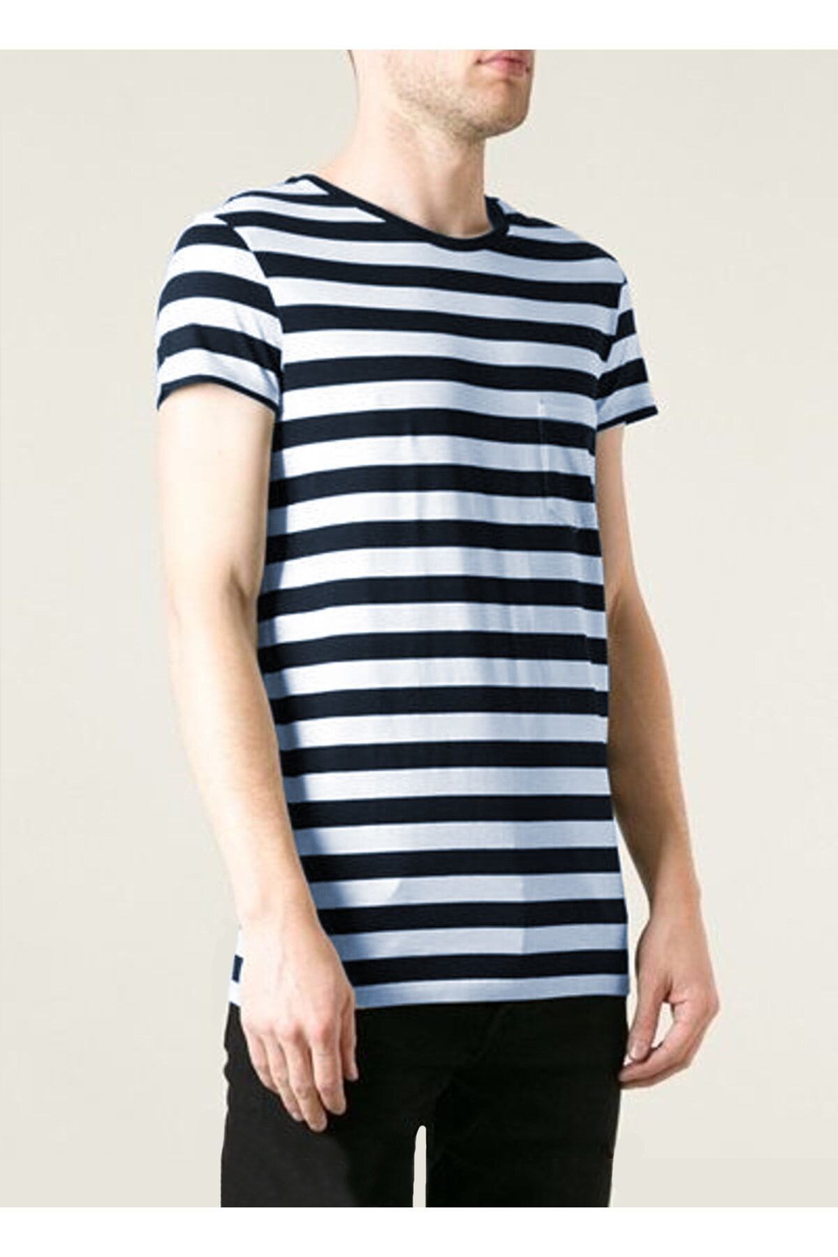 Unisex Mavi Beyaz Çizgili Basic T-shirt