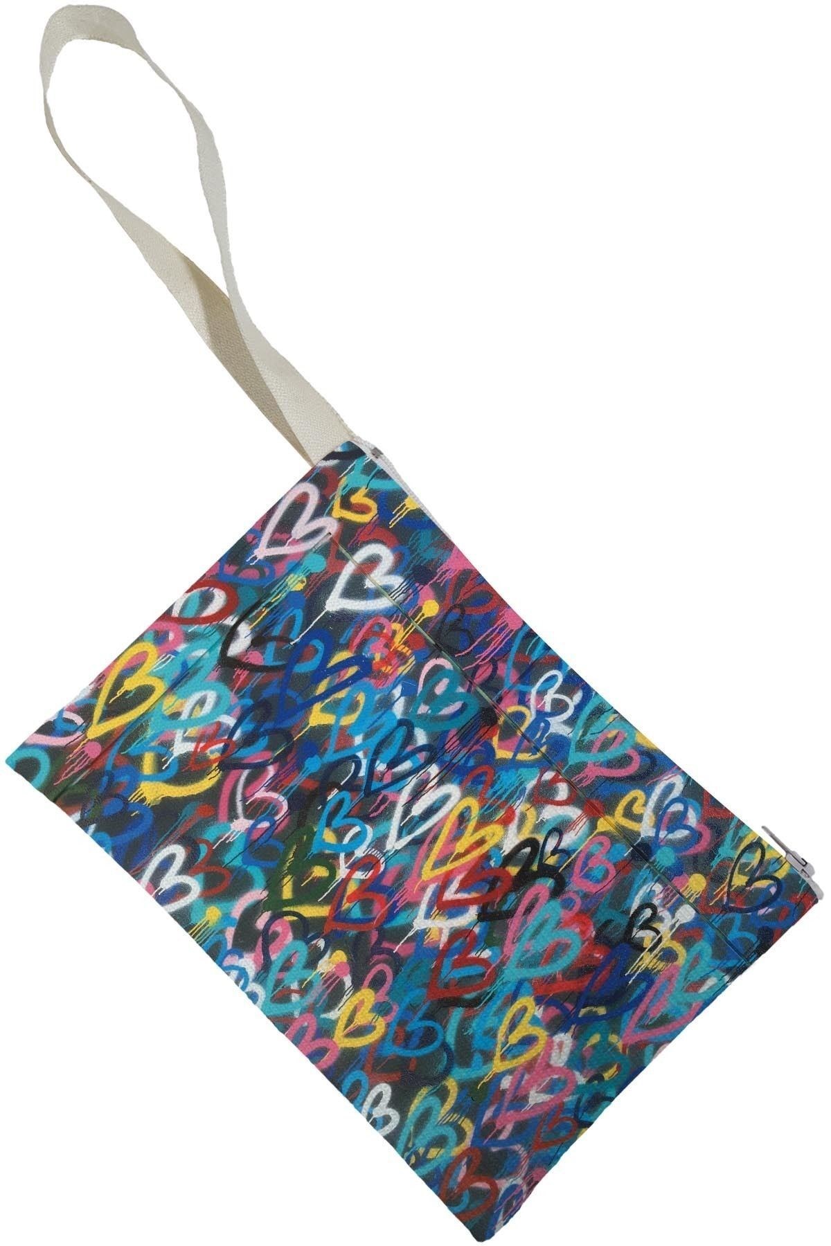 Unisex Renkli Kalpler Desenli Portföy Clutch Çanta