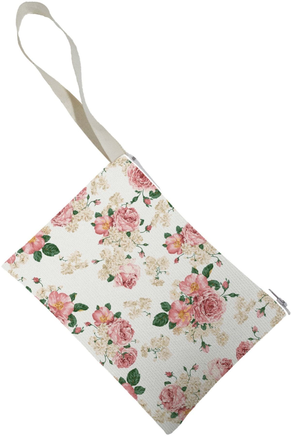 Unisex Retro Gül Desenli Portföy Clutch Çanta