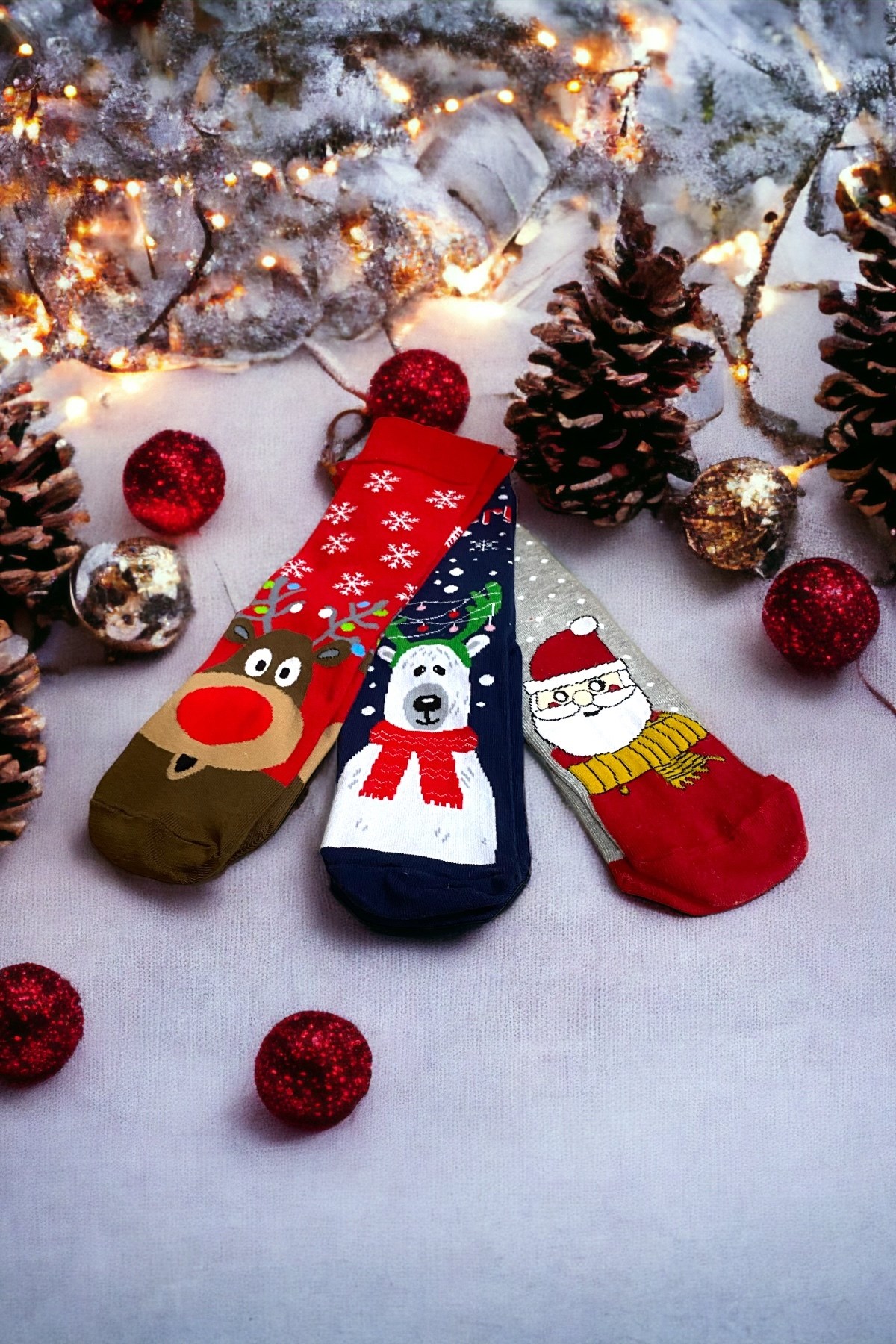 Unisex Yeni Yıl Yılbaşı Temalı 3 Çift Soket Çorap Seti